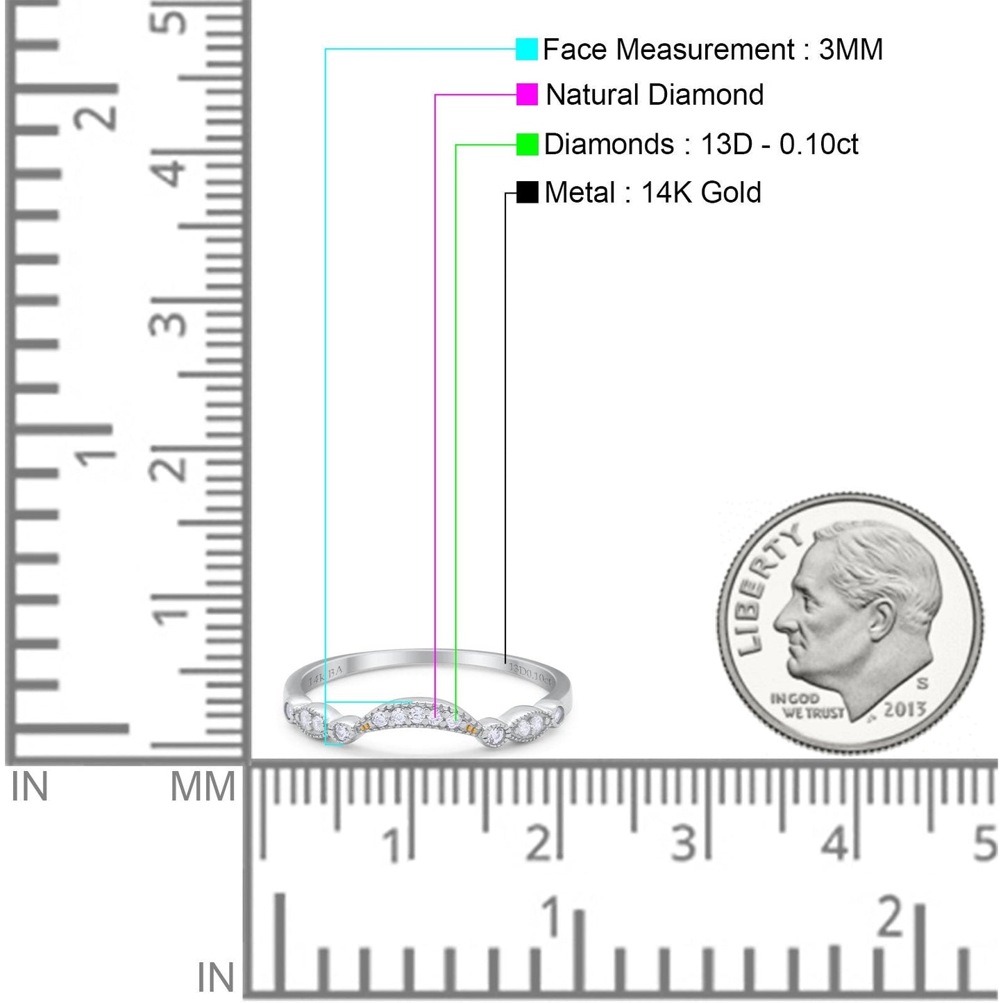 14K White Gold 0.10ct Round 3mm G SI Art Deco Curved Diamond Eternity Bands Engagement Wedding Ring