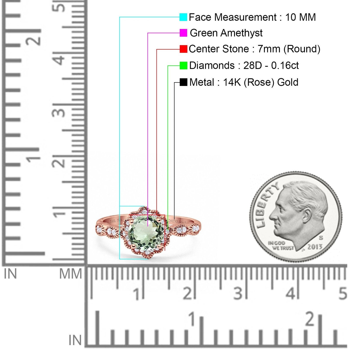 14K Rose Gold Round Natural Green Amethyst 1.44ct G SI Diamond Engagement Ring Size 6.5