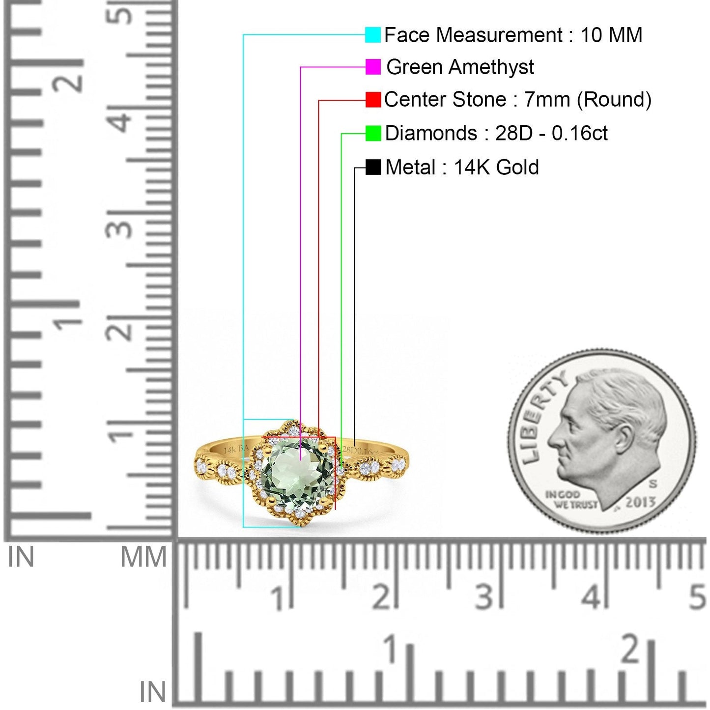 14K Yellow Gold Round Natural Green Amethyst 1.44ct G SI Diamond Engagement Ring Size 6.5