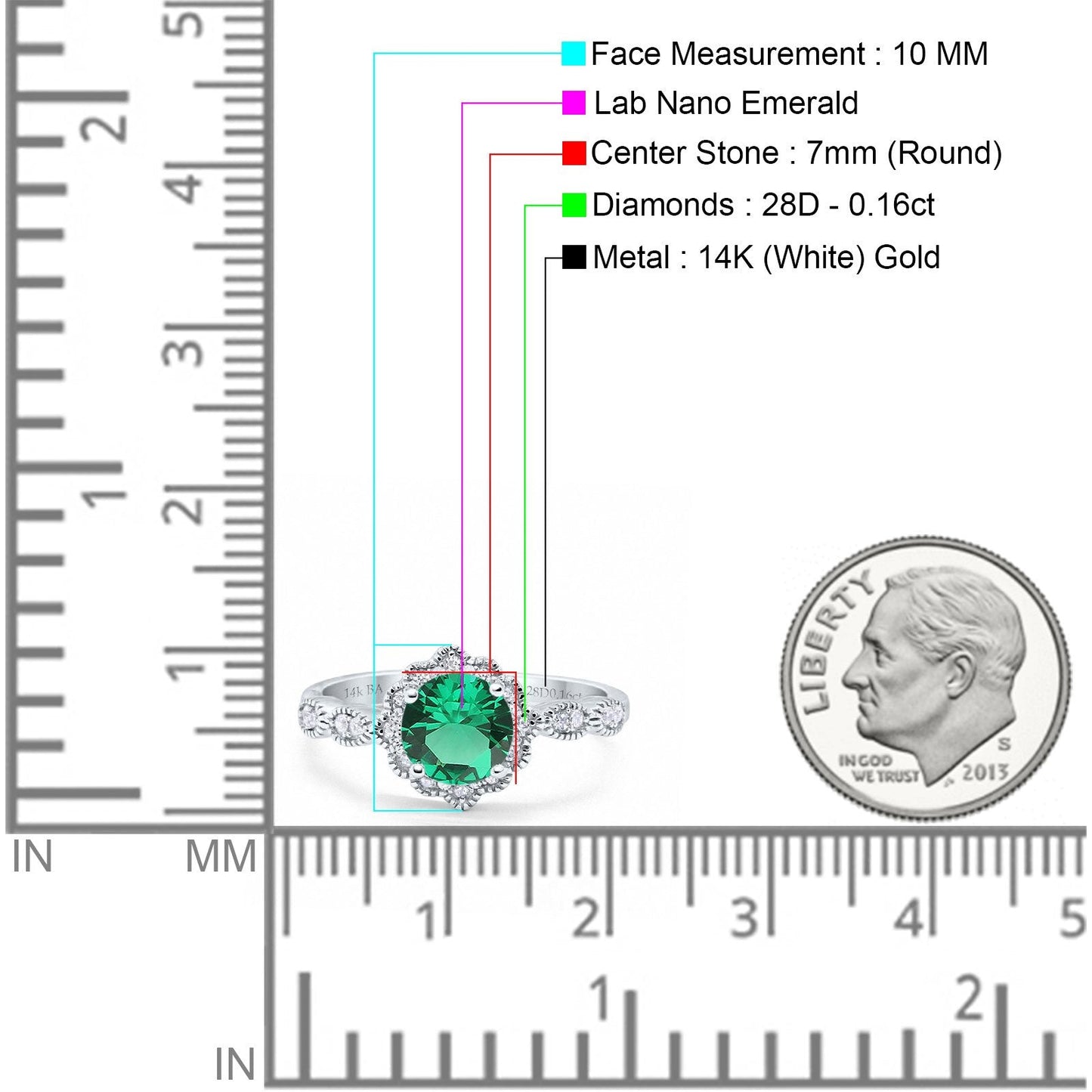 14K White Gold Round Nano Emerald 1.44ct G SI Diamond Engagement Ring Size 6.5