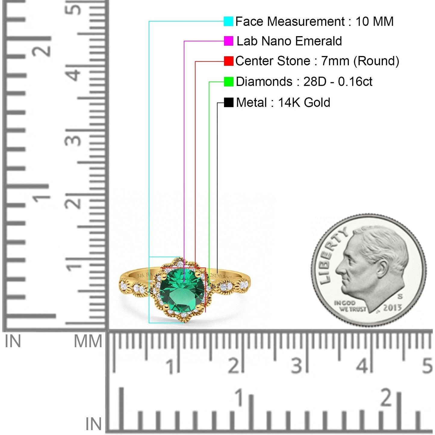 14K Yellow Gold Round Nano Emerald 1.44ct G SI Diamond Engagement Ring Size 6.5