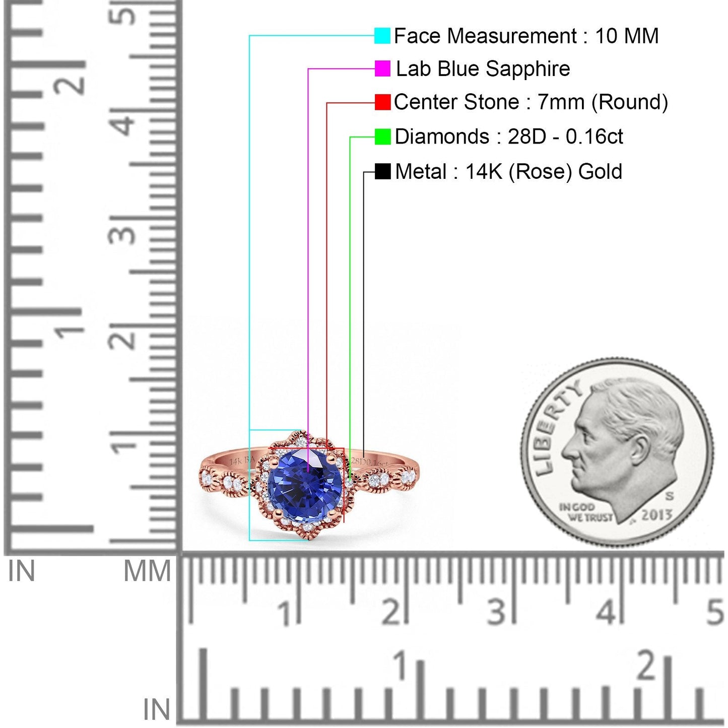 14K Rose Gold Round Nano Blue Sapphire 1.44ct G SI Diamond Engagement Ring Size 6.5