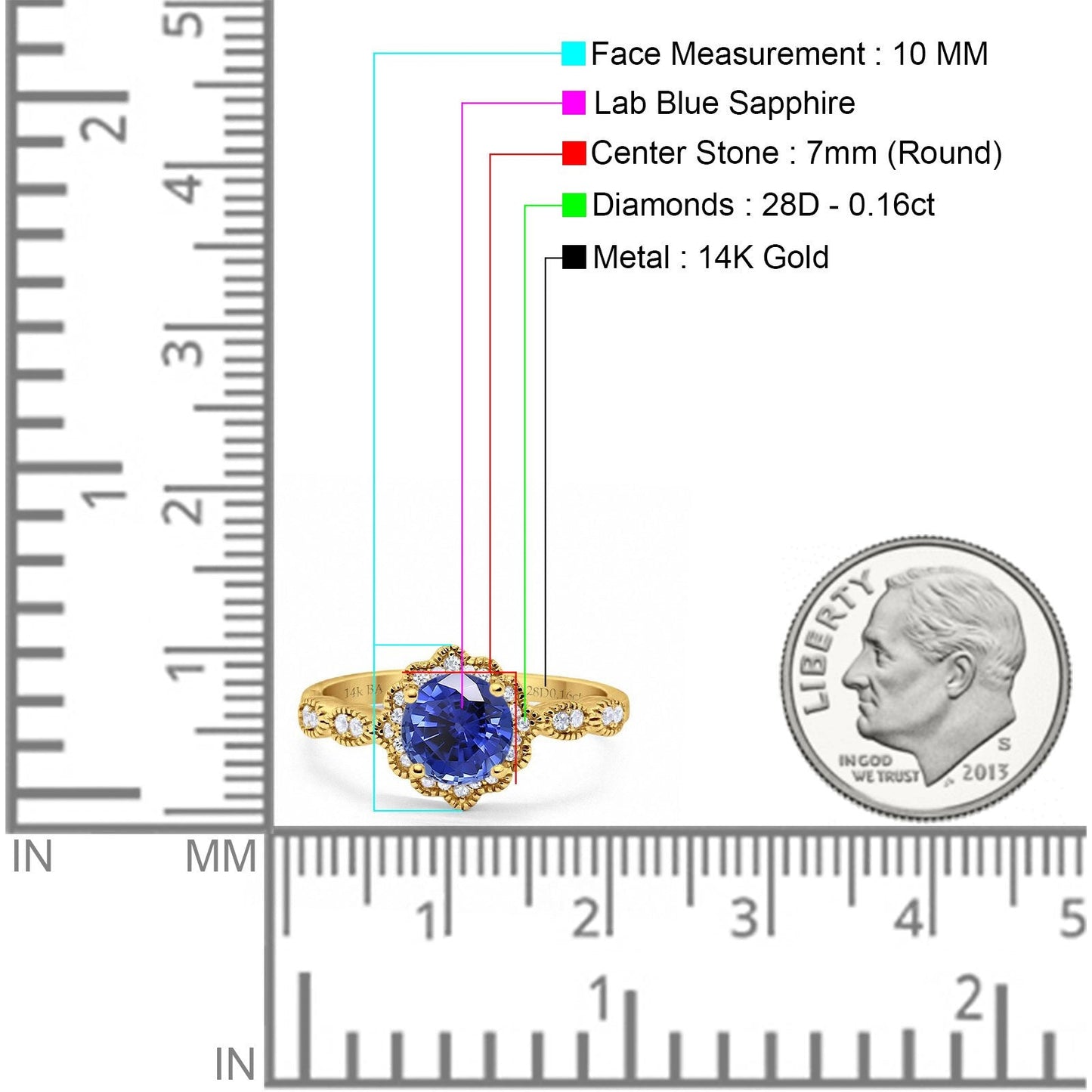 Bague de fiançailles en or jaune 14 carats avec saphir bleu rond de 1,44 ct et diamant G SI, taille 6,5