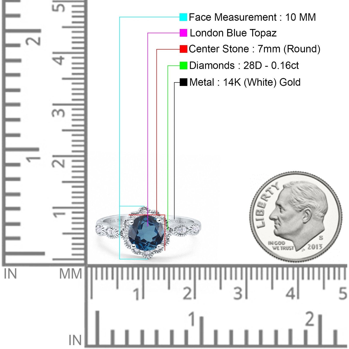 14K White Gold Round London Blue Topaz 1.44ct G SI Diamond Engagement Ring Size 6.5