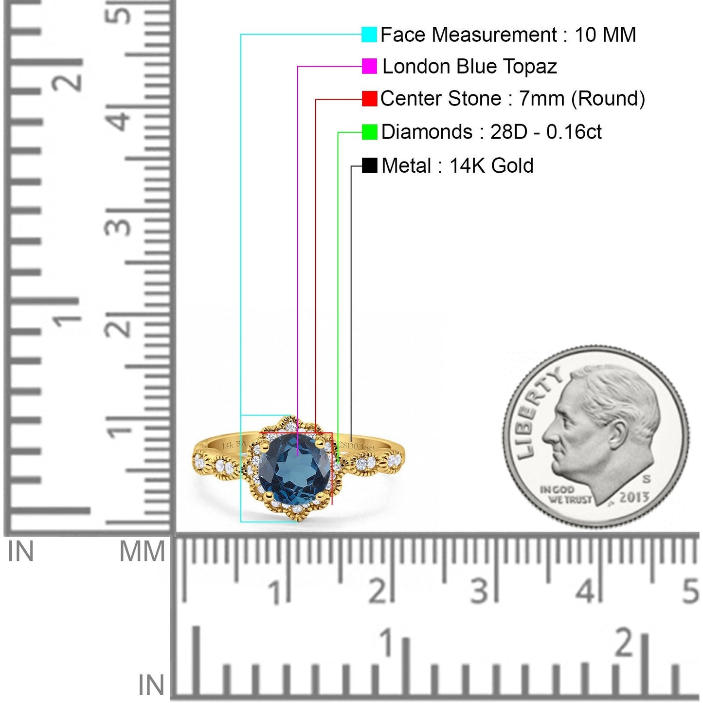 14K Yellow Gold Round London Blue Topaz 1.44ct G SI Diamond Engagement Ring Size 6.5