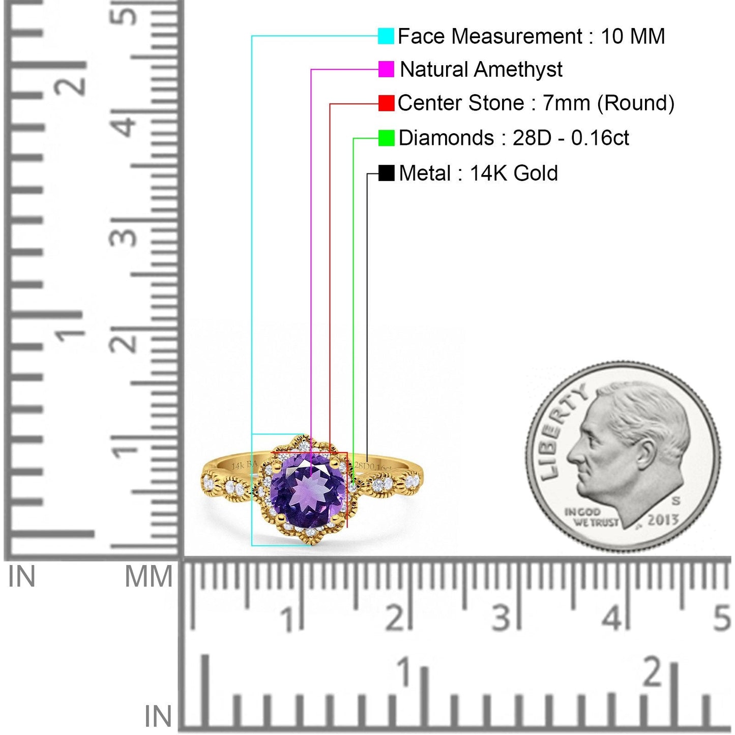 Bague de fiançailles en or jaune 14 carats avec améthyste naturelle ronde de 1,44 ct G SI diamant taille 6,5