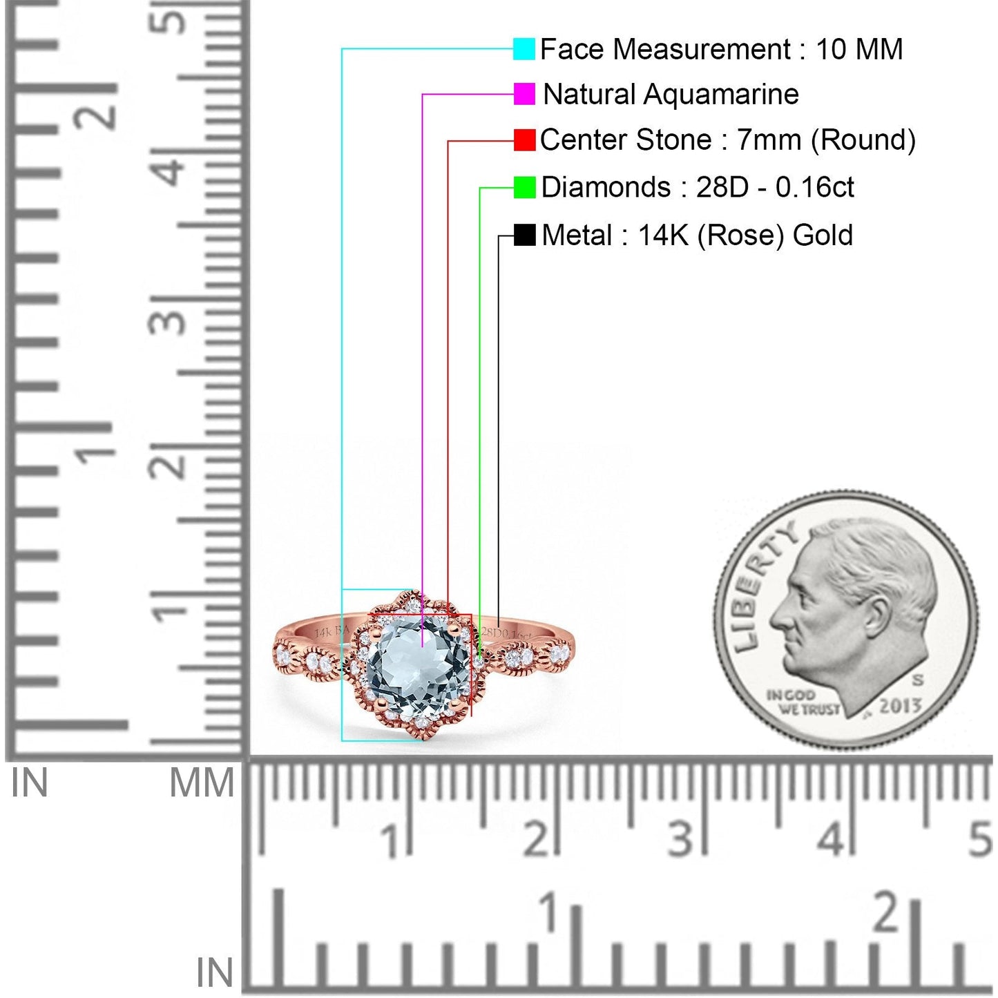 14K Rose Gold Round Natural Aquamarine 1.44ct G SI Diamond Engagement Ring Size 6.5