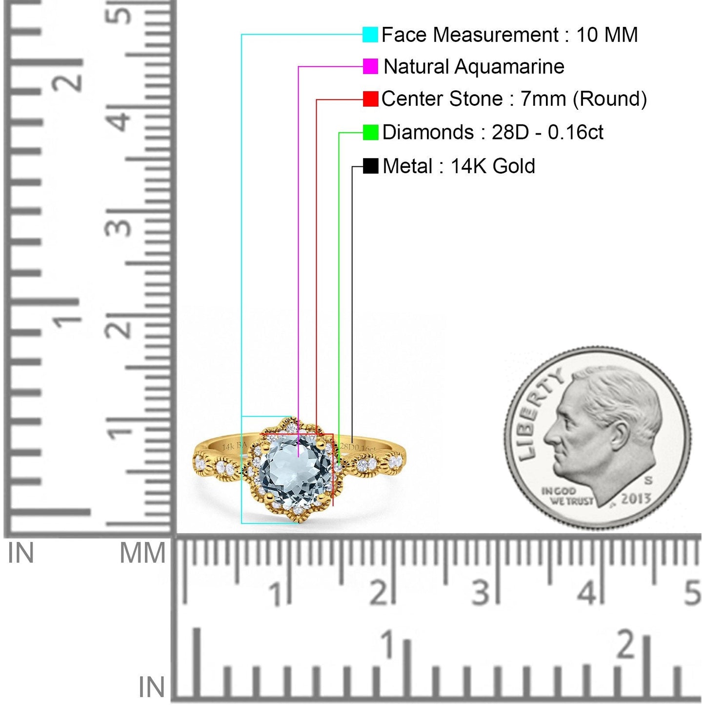 Bague de fiançailles en or jaune 14 carats avec aigue-marine naturelle ronde de 1,44 ct G SI diamant taille 6,5