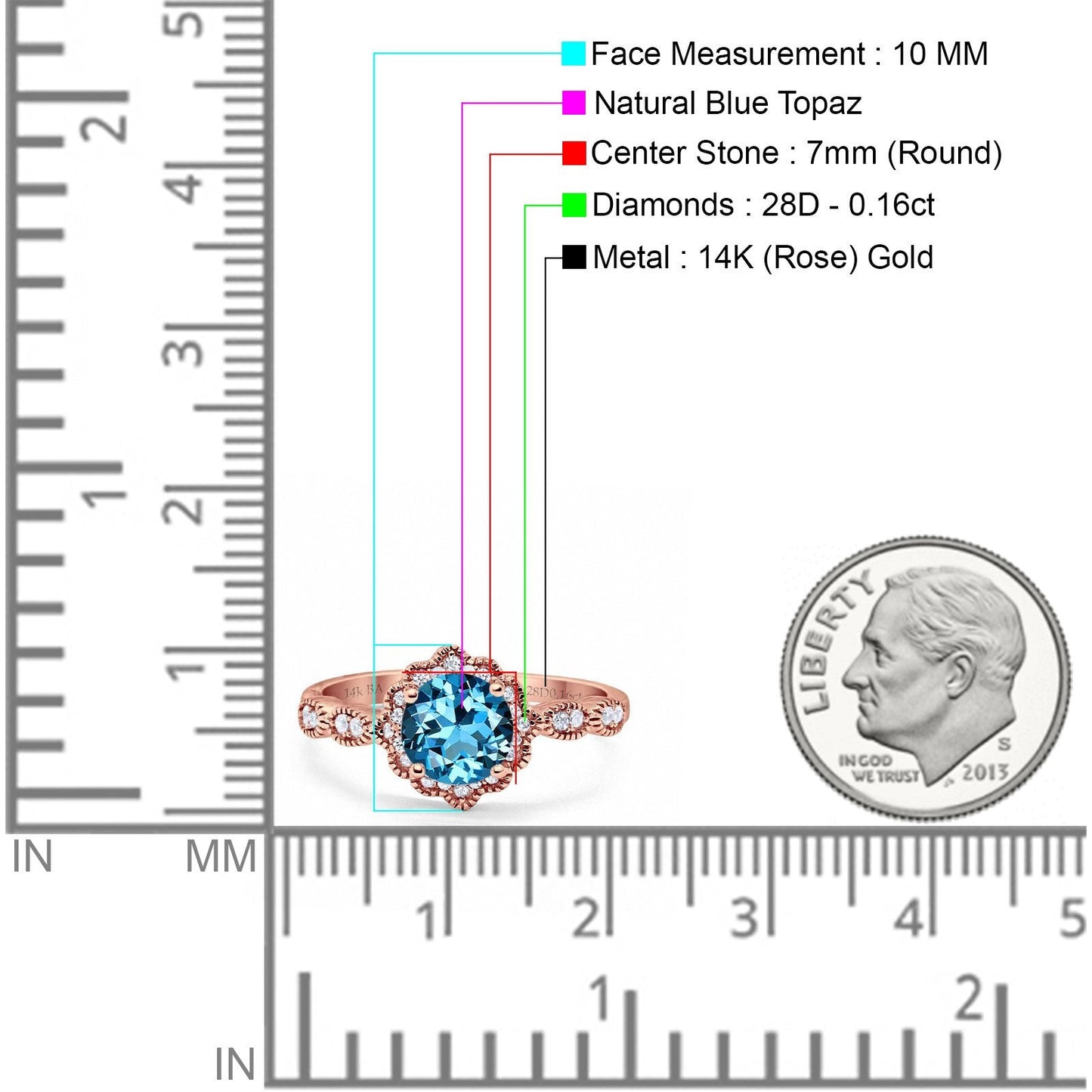 14K Rose Gold Round Natural Swiss Blue Topaz 1.44ct G SI Diamond Engagement Ring Size 6.5