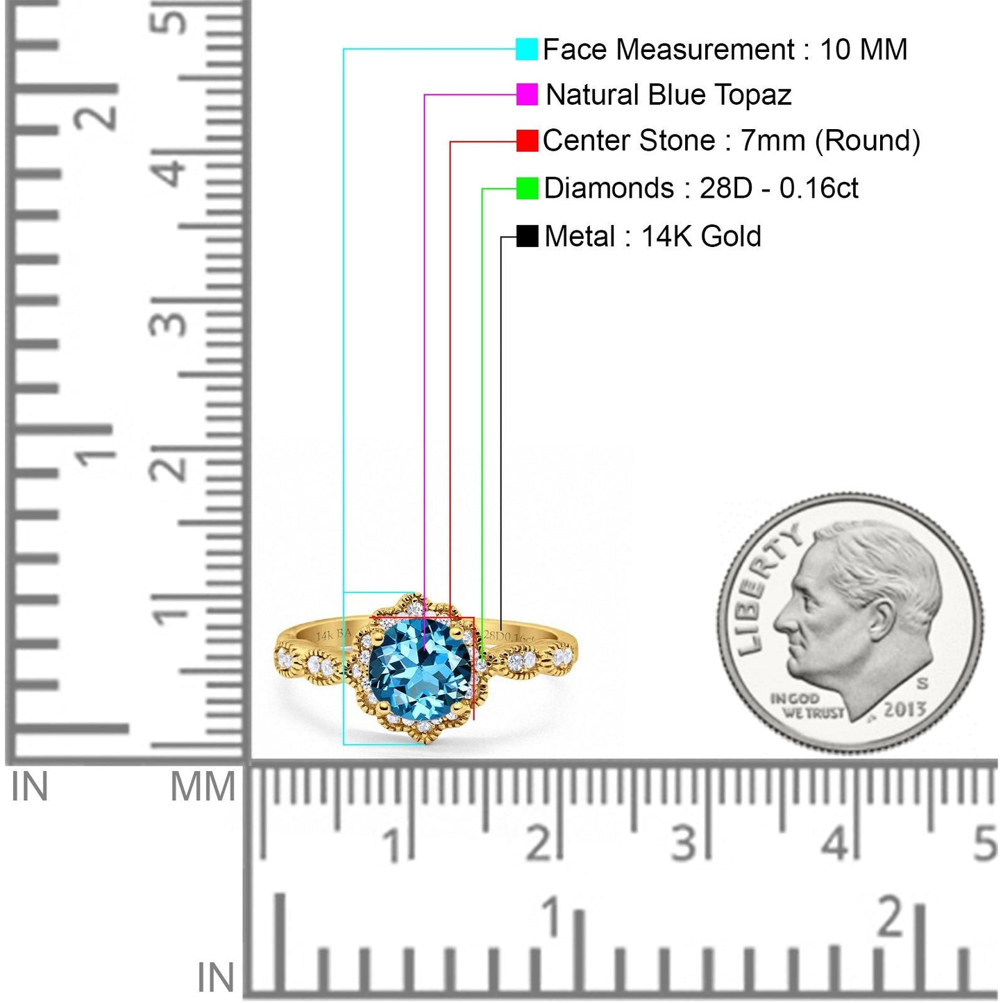 Bague de fiançailles en or jaune 14 carats avec topaze bleue suisse naturelle ronde de 1,44 ct G SI et diamant, taille 6,5