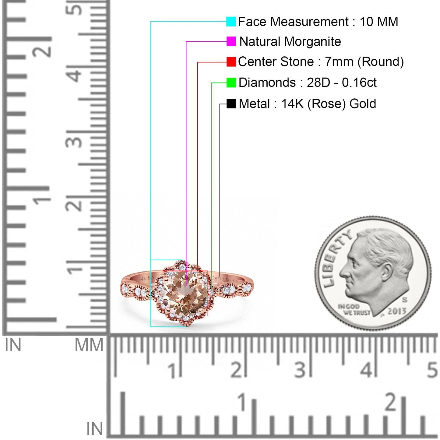 14K Rose Gold Round Natural Morganite 1.44ct G SI Diamond Engagement Ring Size 6.5