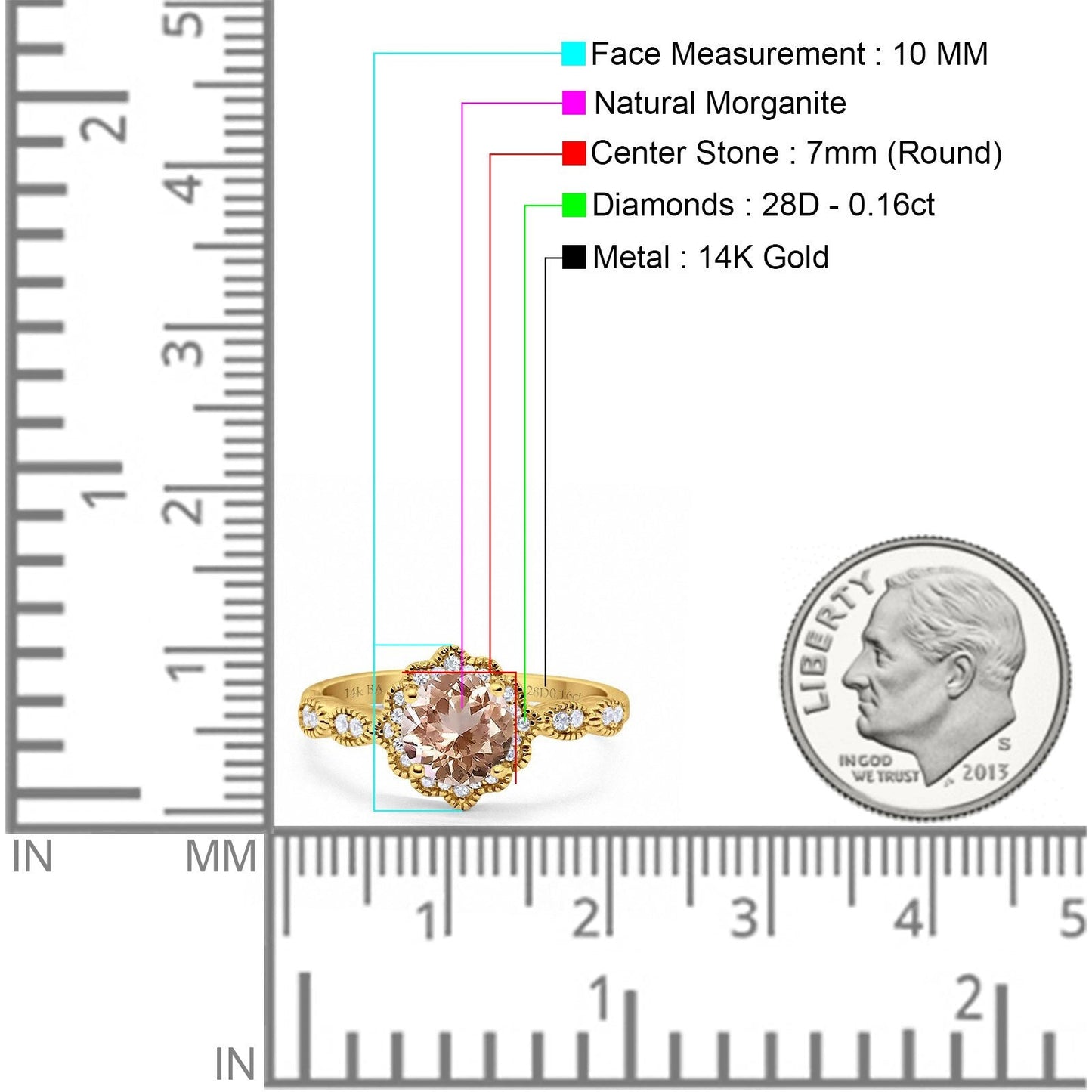 Bague de fiançailles en or jaune 14 carats avec morganite naturelle ronde de 1,44 ct G SI diamant taille 6,5