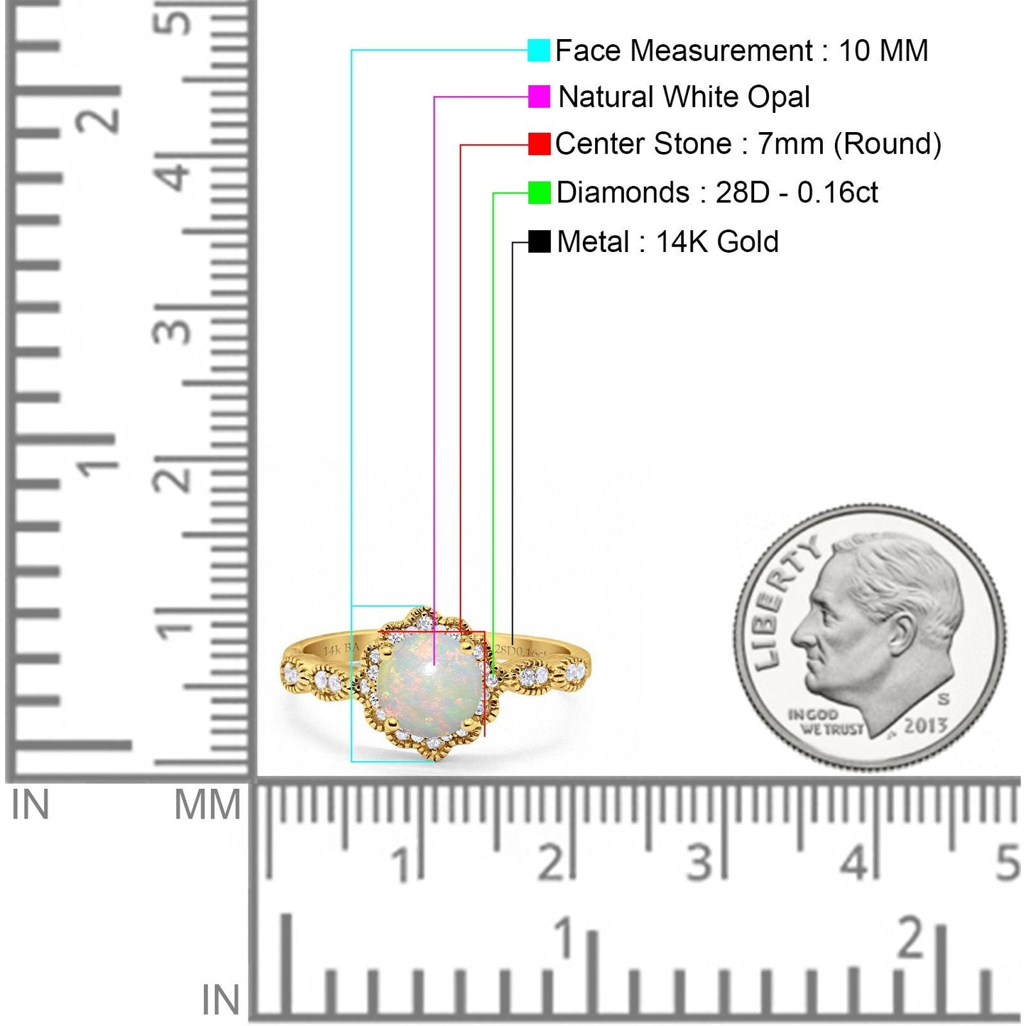 Bague de fiançailles en or jaune 14 carats avec opale blanche naturelle ronde de 0,16 ct G SI diamant taille 6,5