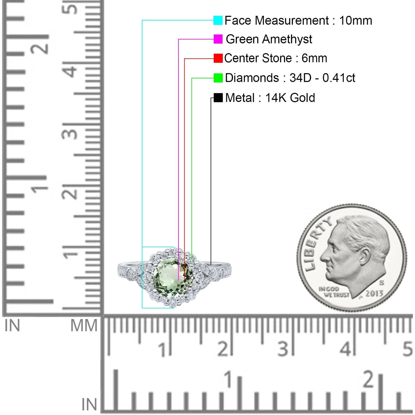 14K White Gold 1.25ct Floral Art Deco Round 6mm G SI Natural Green Amethyst Diamond Engagement Wedding Ring Size 6.5