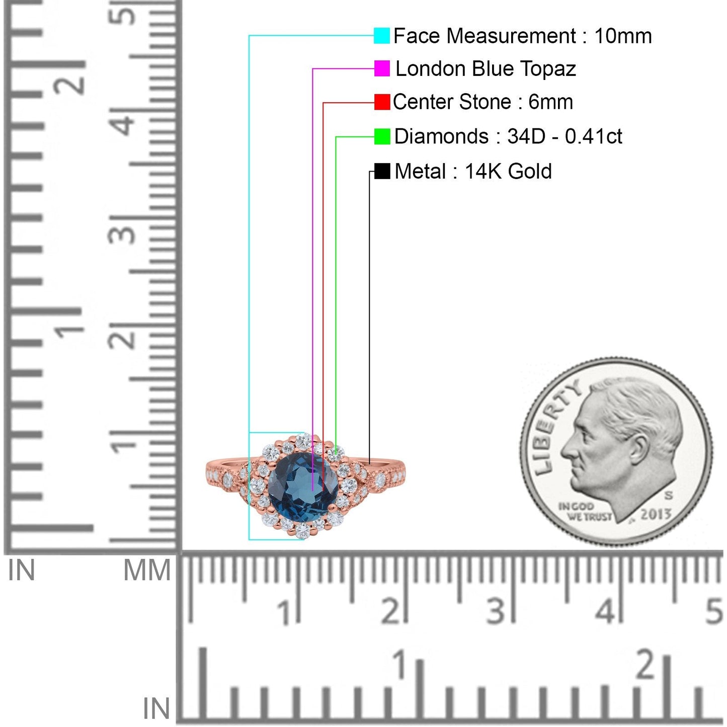 14K Rose Gold 1.25ct Floral Art Deco Round 6mm G SI London Blue Topaz Diamond Engagement Wedding Ring Size 6.5