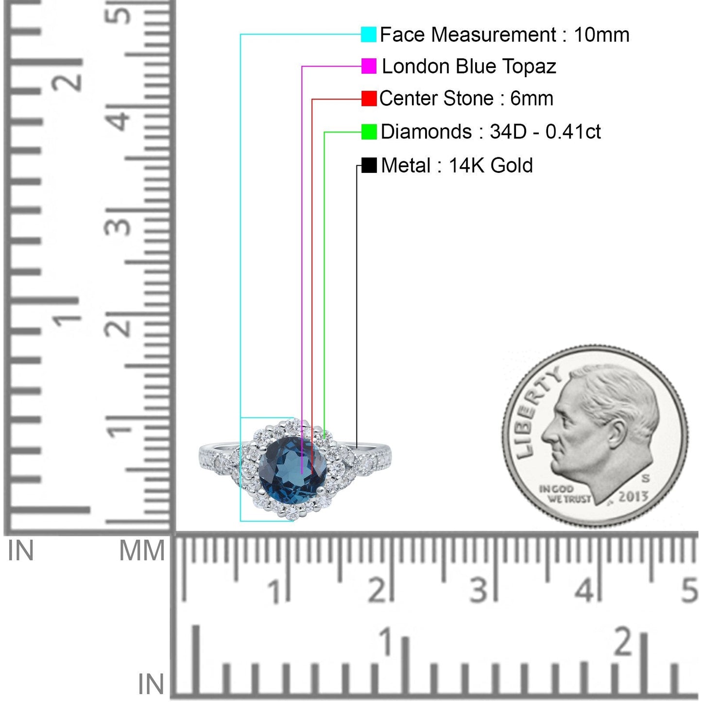 14K White Gold 1.25ct Floral Art Deco Round 6mm G SI London Blue Topaz Diamond Engagement Wedding Ring Size 6.5