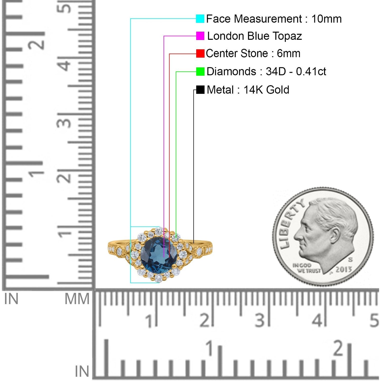 14K Yellow Gold 1.25ct Floral Art Deco Round 6mm G SI London Blue Topaz Diamond Engagement Wedding Ring Size 6.5