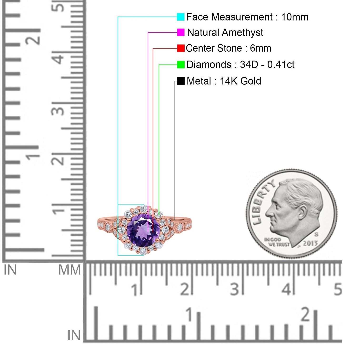 14K Rose Gold 1.25ct Floral Art Deco Round 6mm G SI Natural Amethyst Diamond Engagement Wedding Ring Size 6.5