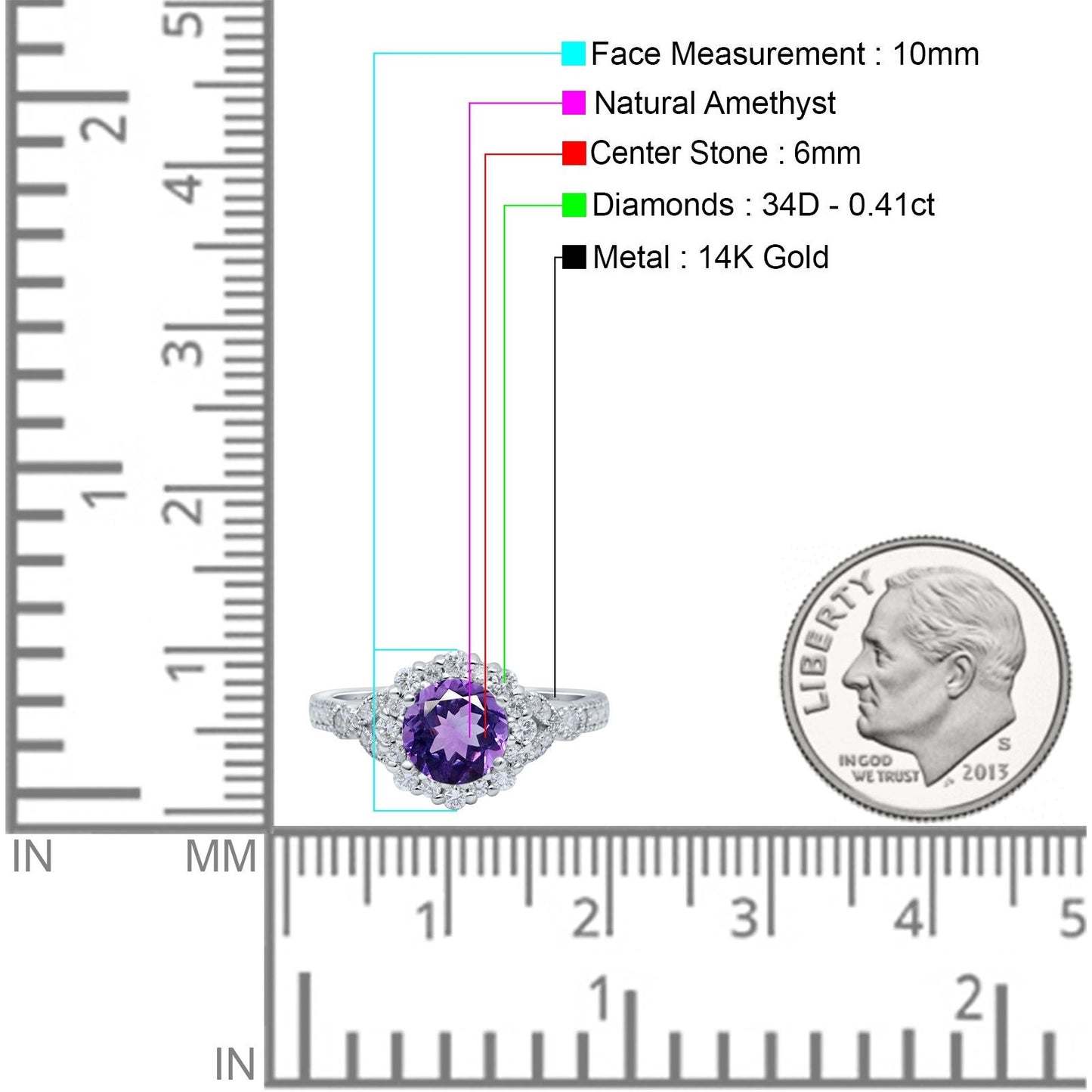 14K White Gold 1.25ct Floral Art Deco Round 6mm G SI Natural Amethyst Diamond Engagement Wedding Ring Size 6.5