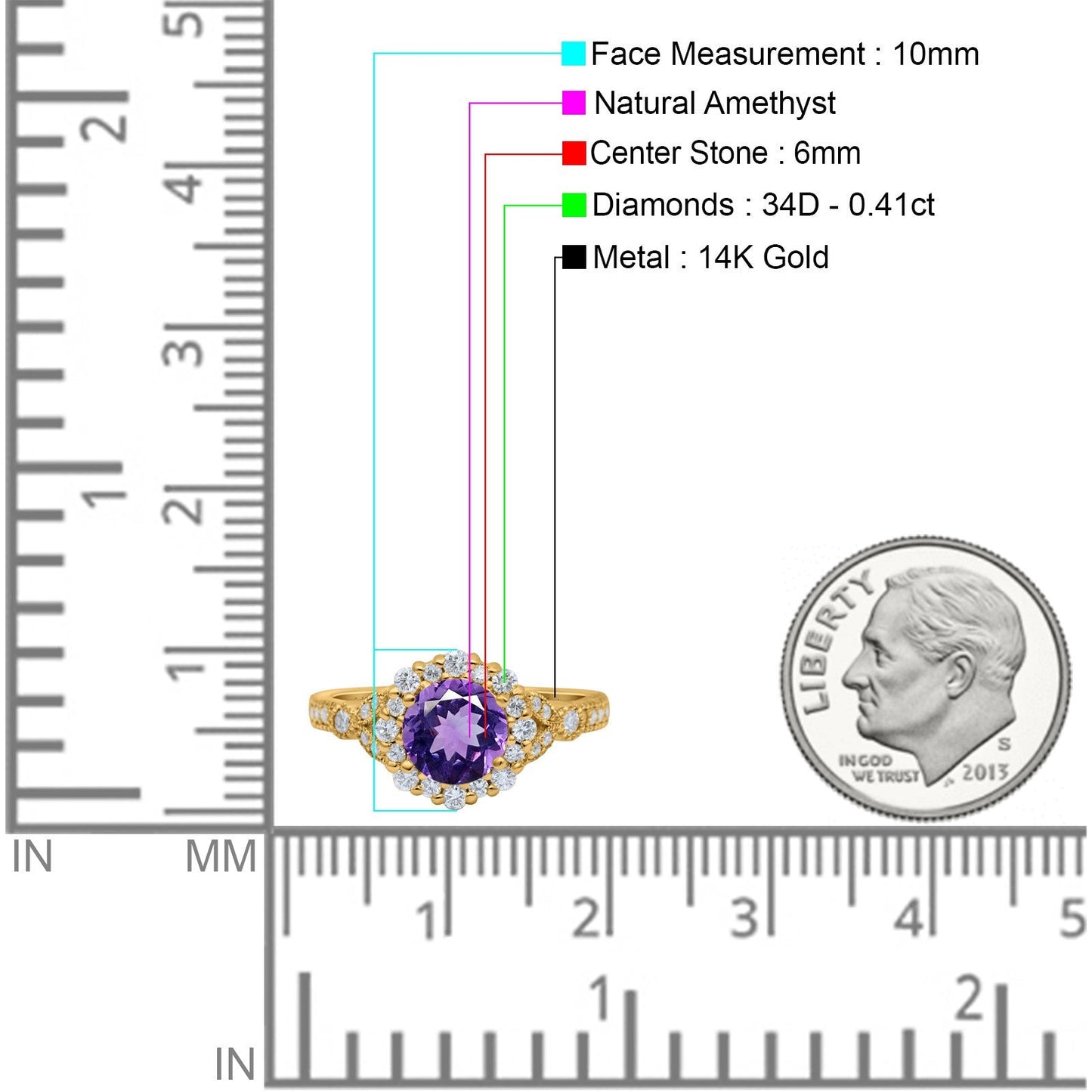 14K Yellow Gold 1.25ct Floral Art Deco Round 6mm G SI Natural Amethyst Diamond Engagement Wedding Ring Size 6.5