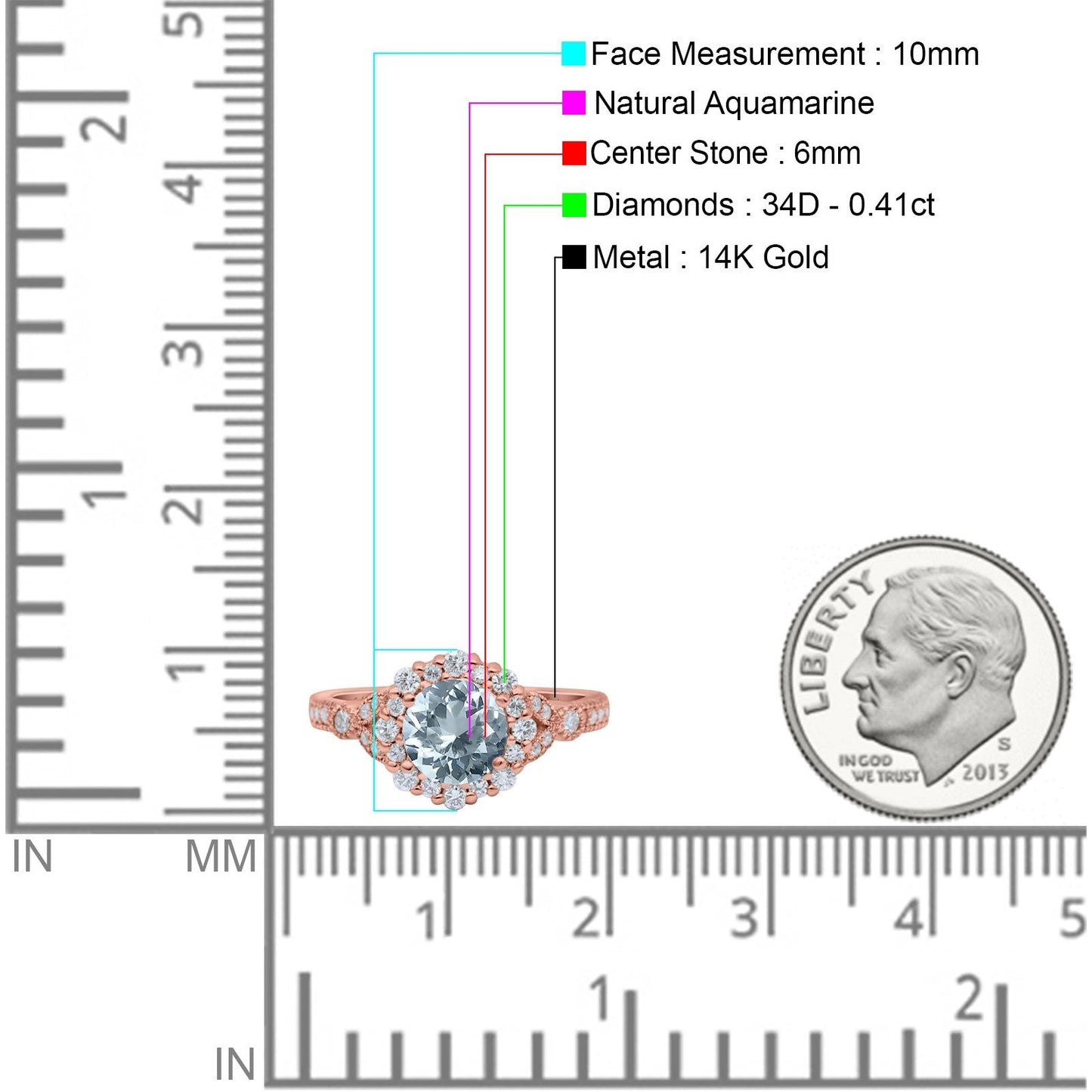 14K Rose Gold 1.25ct Floral Art Deco Round 6mm G SI Natural Aquamarine Diamond Engagement Wedding Ring Size 6.5