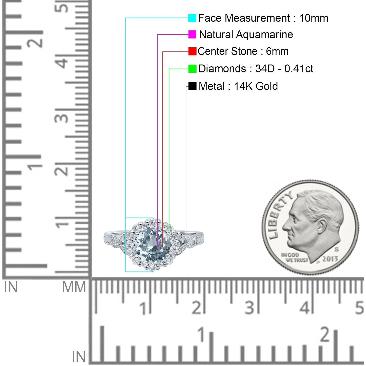 14K White Gold 1.25ct Floral Art Deco Round 6mm G SI Natural Aquamarine Diamond Engagement Wedding Ring Size 6.5