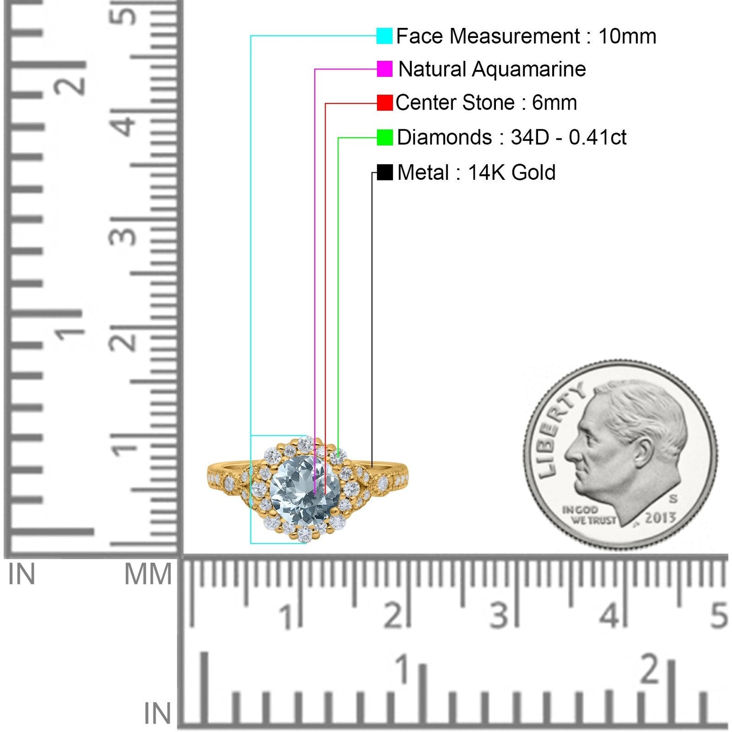 14K Yellow Gold 1.25ct Floral Art Deco Round 6mm G SI Natural Aquamarine Diamond Engagement Wedding Ring Size 6.5