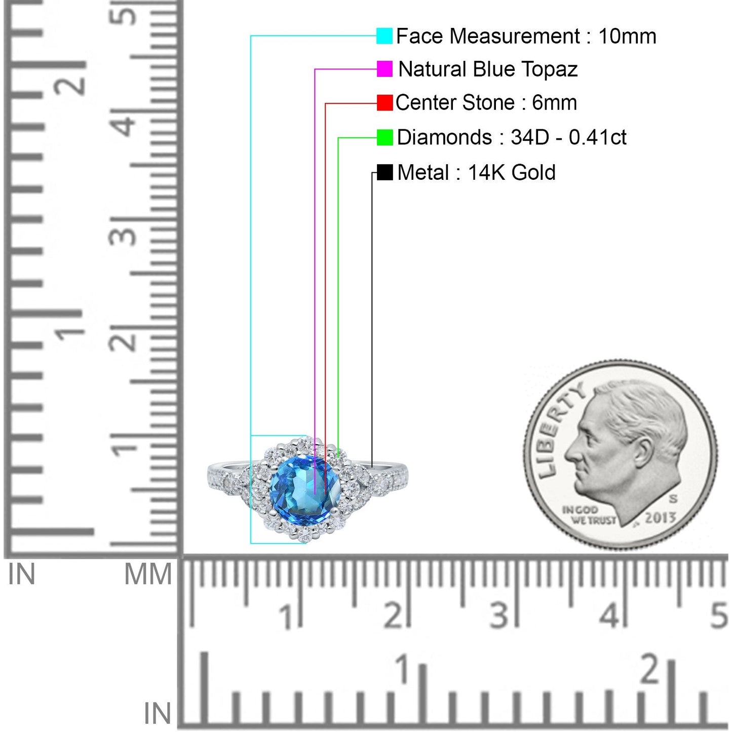 14K White Gold 1.25ct Floral Art Deco Round 6mm G SI Natural Blue Topaz Diamond Engagement Wedding Ring Size 6.5