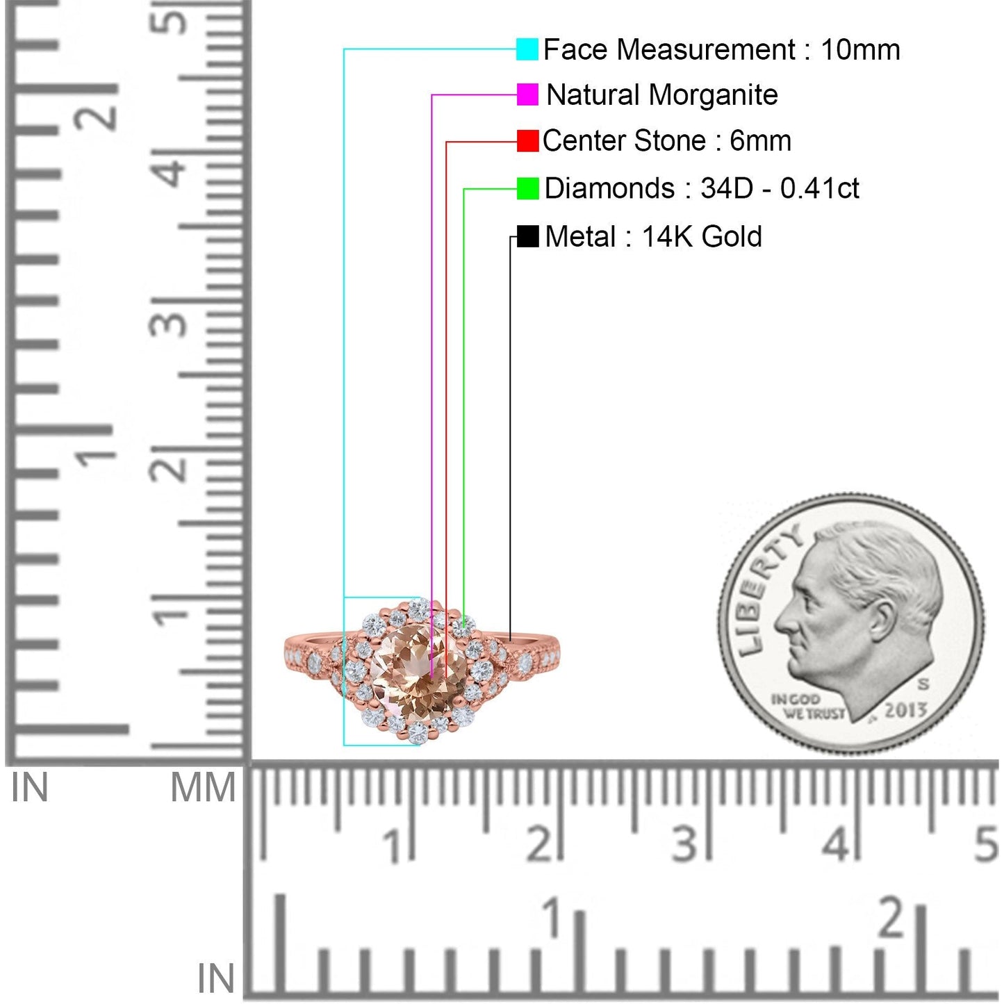 Bague de fiançailles en or rose 14 carats 1,25 ct Art déco floral rond 6 mm G SI avec diamant morganite naturel taille 6,5