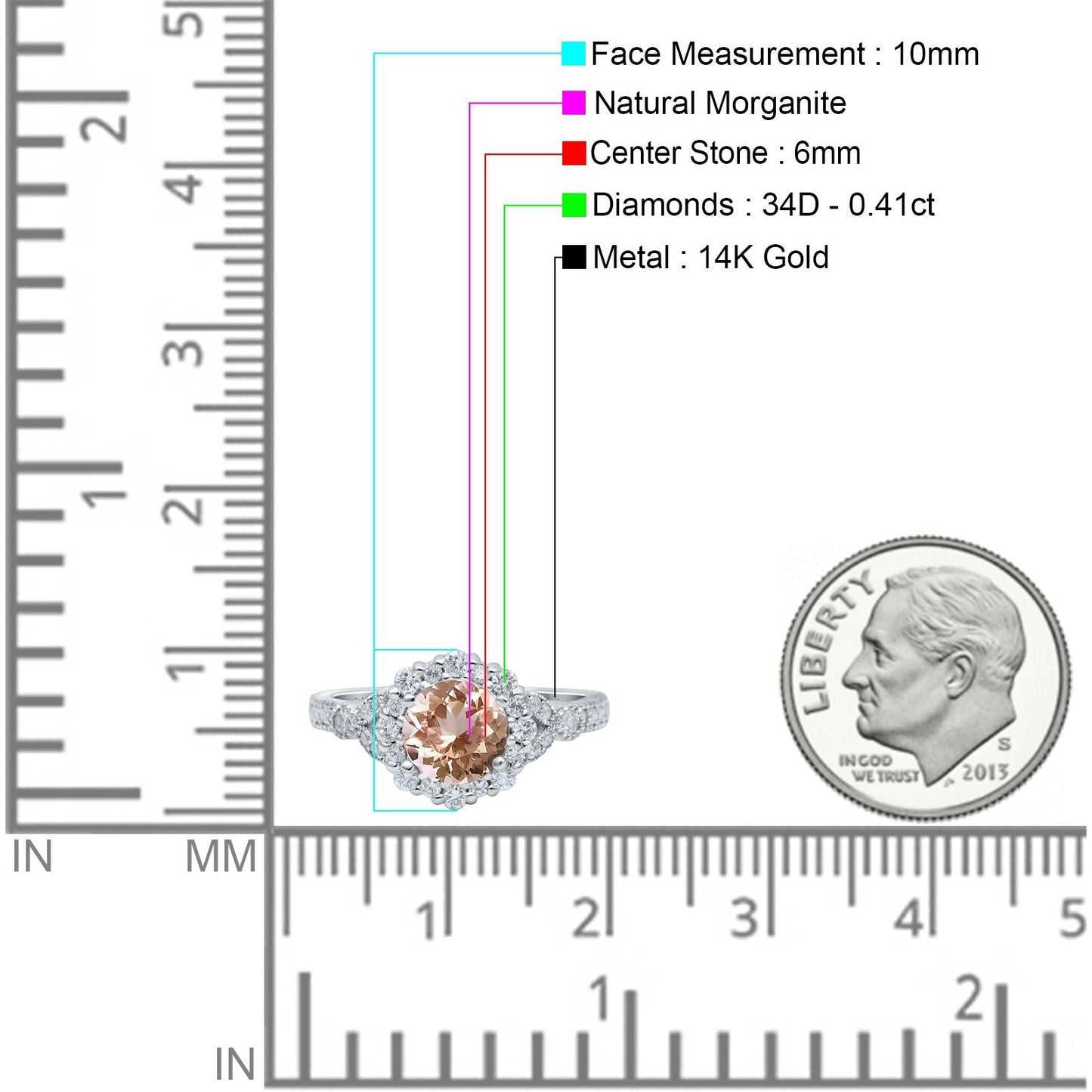 14K White Gold 1.25ct Floral Art Deco Round 6mm G SI Natural Morganite Diamond Engagement Wedding Ring Size 6.5