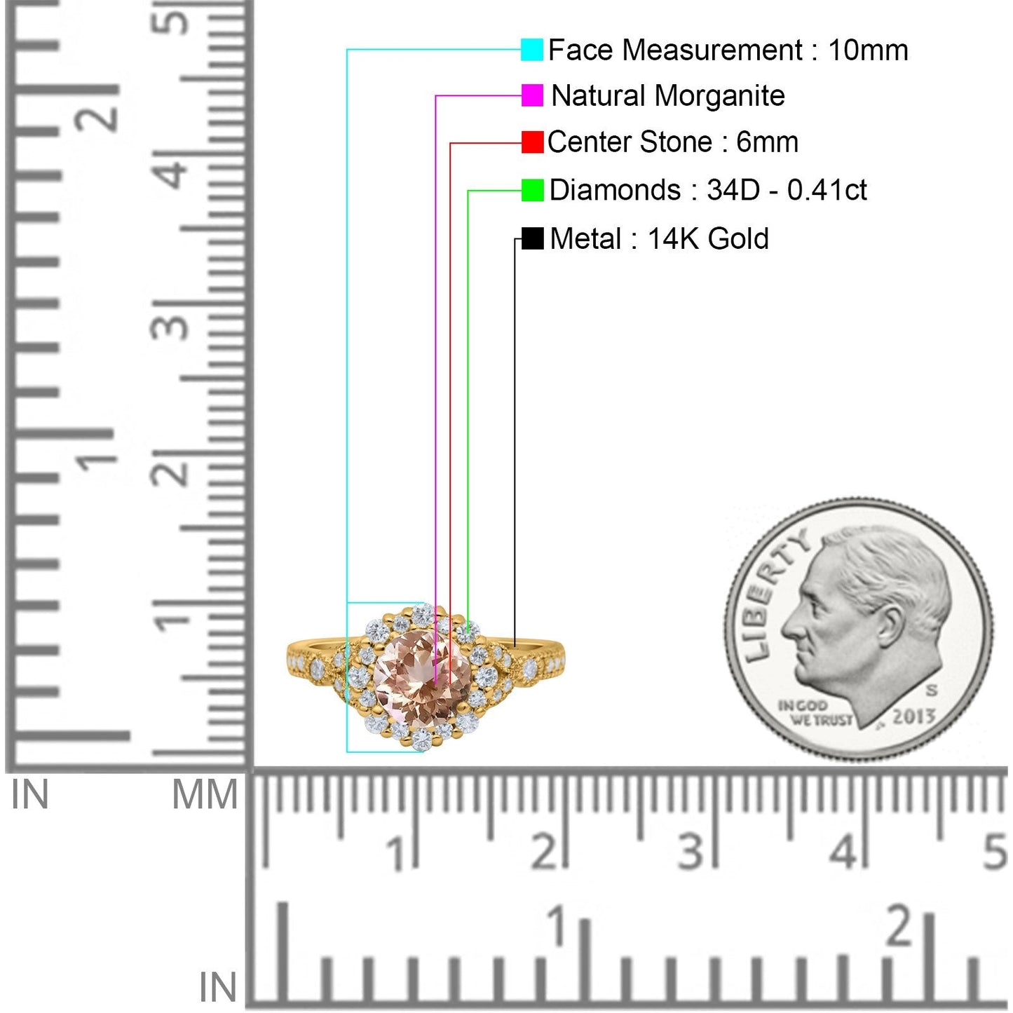 14K Yellow Gold 1.25ct Floral Art Deco Round 6mm G SI Natural Morganite Diamond Engagement Wedding Ring Size 6.5