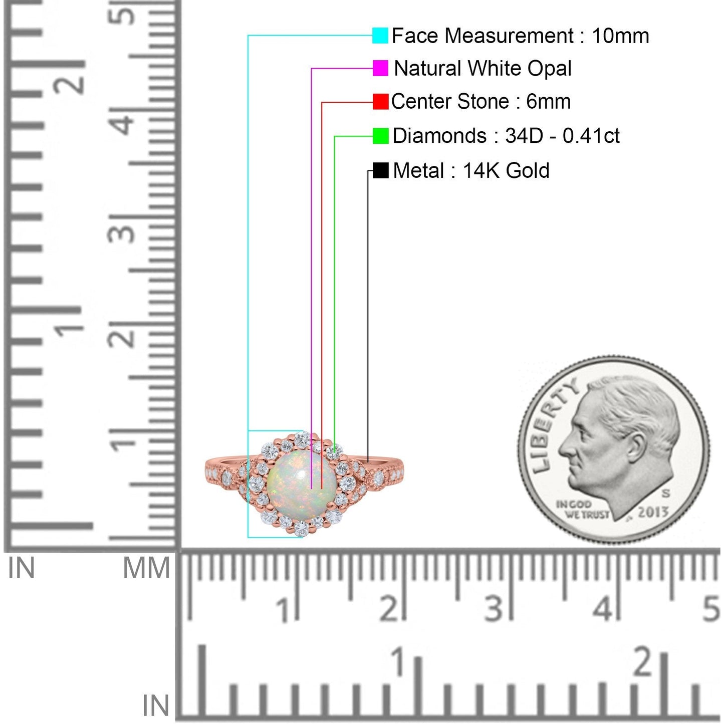 14K Rose Gold 0.41ct Floral Art Deco Round 6mm G SI Natural White Opal Diamond Engagement Wedding Ring Size 6.5