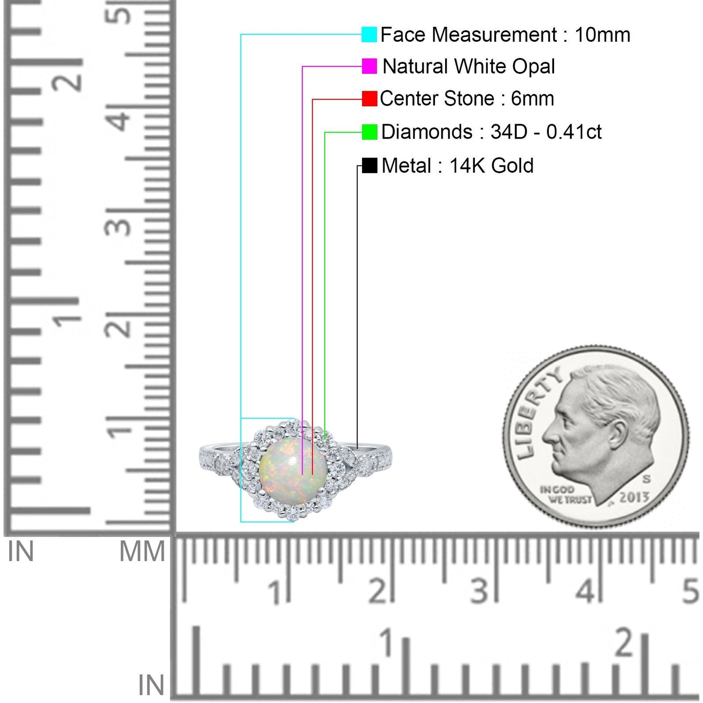 14K White Gold 0.41ct Floral Art Deco Round 6mm G SI Natural White Opal Diamond Engagement Wedding Ring Size 6.5