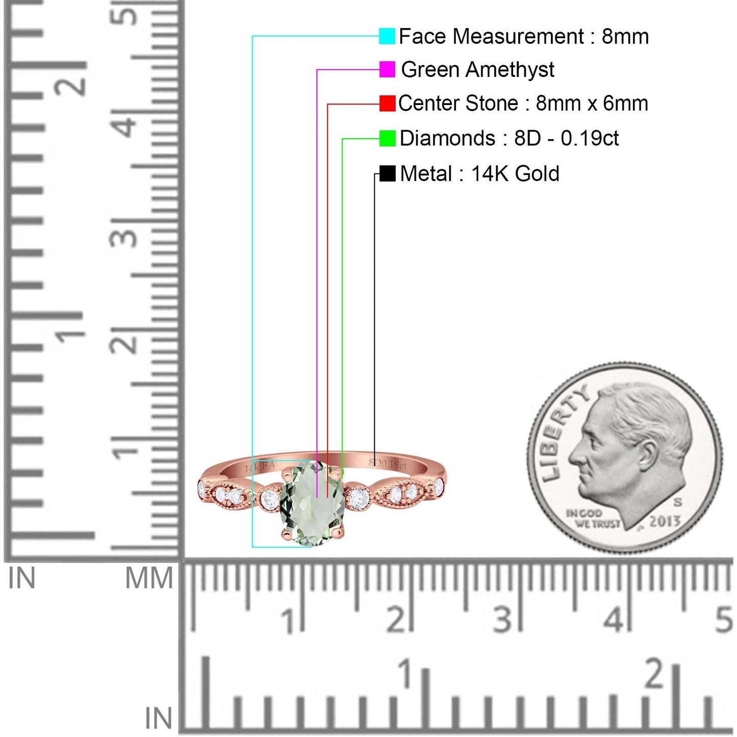 14K Rose Gold 1.4ct Oval Vintage Style 8mmx6mm G SI Natural Green Amethyst Diamond Engagement Wedding Ring Size 6.5