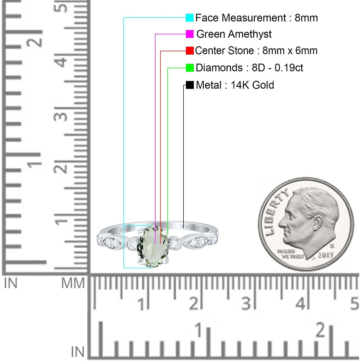 14K White Gold 1.4ct Oval Vintage Style 8mmx6mm G SI Natural Green Amethyst Diamond Engagement Wedding Ring Size 6.5