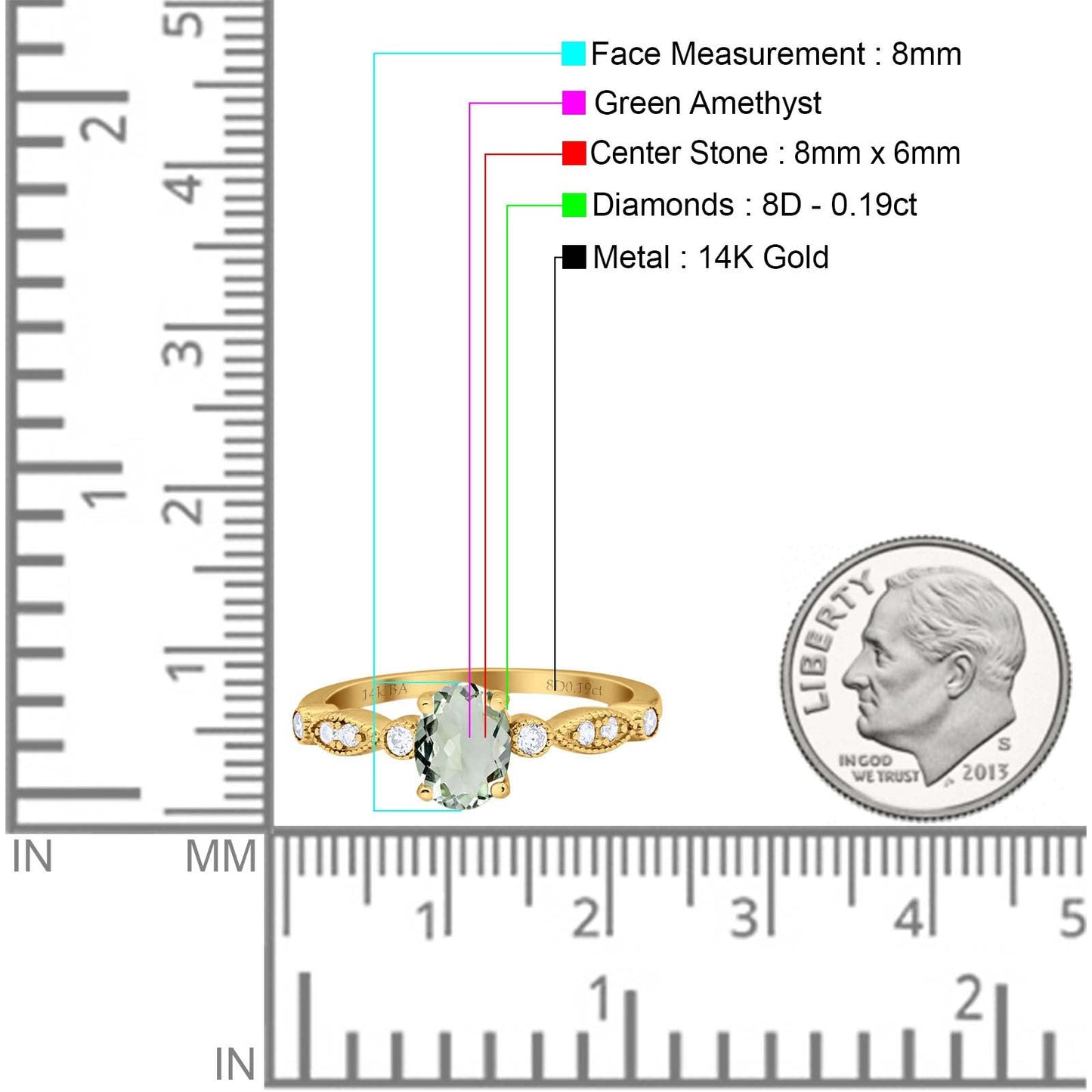 14K Yellow Gold 1.4ct Oval Vintage Style 8mmx6mm G SI Natural Green Amethyst Diamond Engagement Wedding Ring Size 6.5