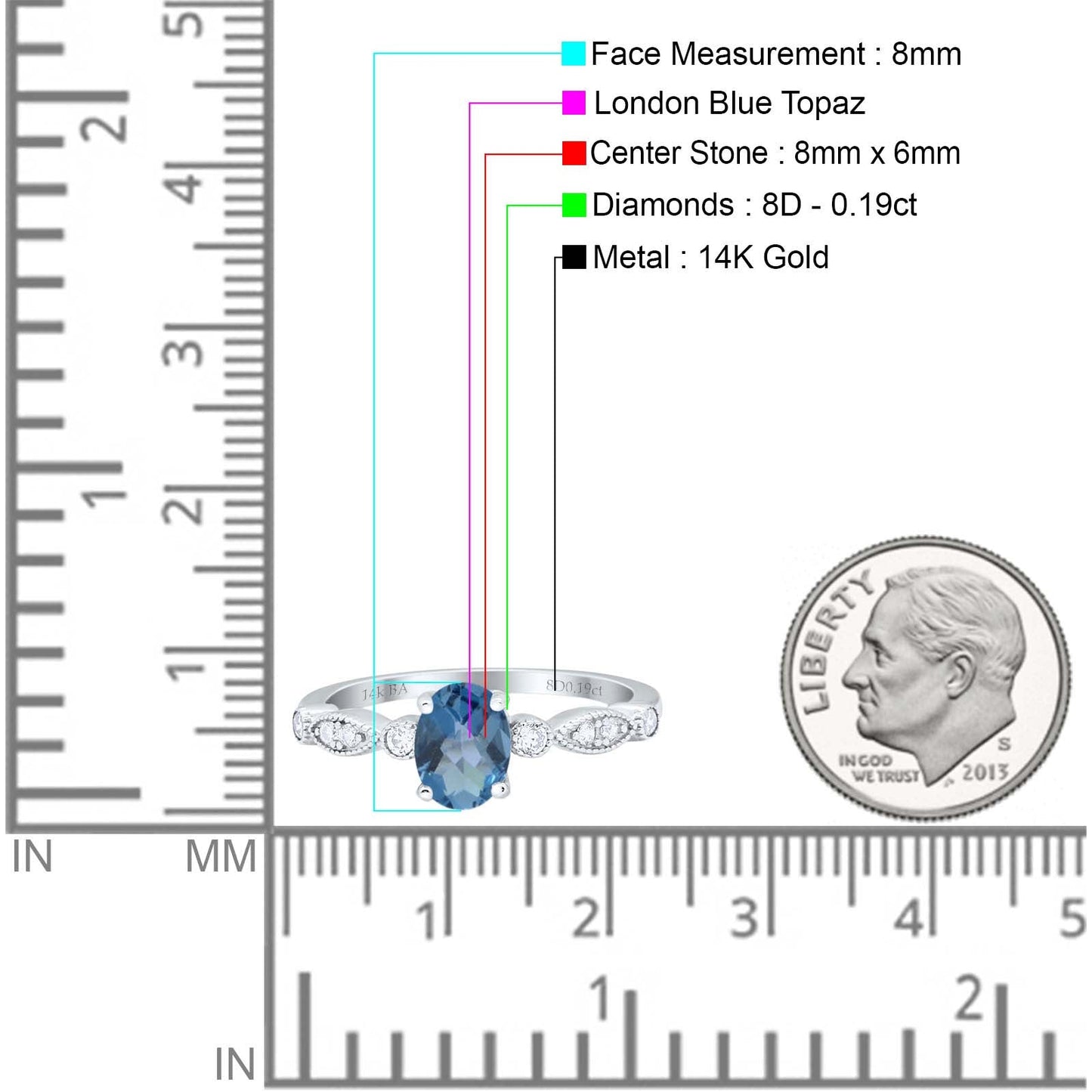 14K White Gold 1.4ct Oval Vintage Style 8mmx6mm G SI London Blue Topaz Diamond Engagement Wedding Ring Size 6.5