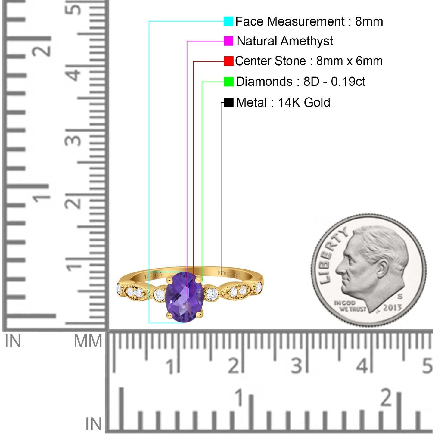 14K Yellow Gold 1.4ct Oval Vintage Style 8mmx6mm G SI Natural Amethyst Diamond Engagement Wedding Ring Size 6.5