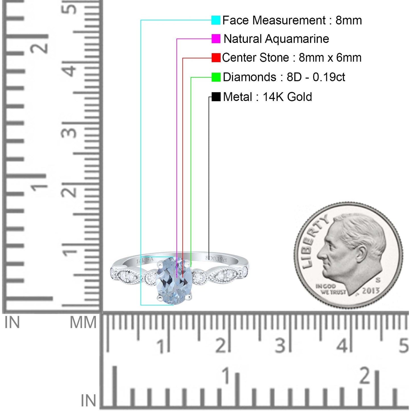 14K White Gold 1.4ct Oval Vintage Style 8mmx6mm G SI Natural Aquamarine Diamond Engagement Wedding Ring Size 6.5