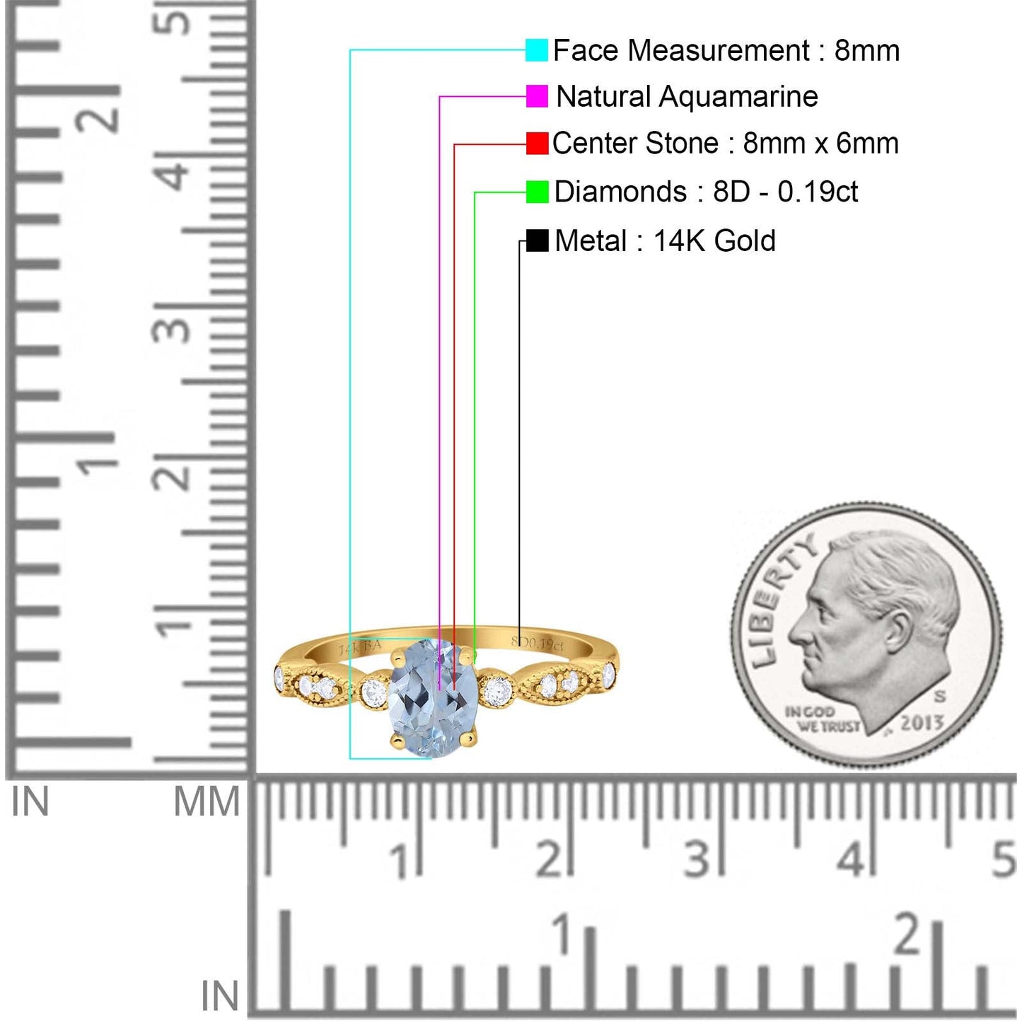 14K Yellow Gold 1.4ct Oval Vintage Style 8mmx6mm G SI Natural Aquamarine Diamond Engagement Wedding Ring Size 6.5