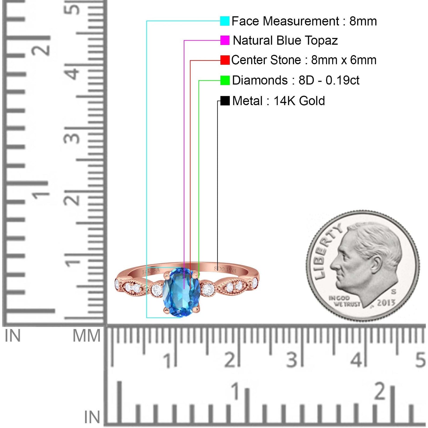 14K Rose Gold 1.4ct Oval Vintage Style 8mmx6mm G SI Natural Blue Topaz Diamond Engagement Wedding Ring Size 6.5