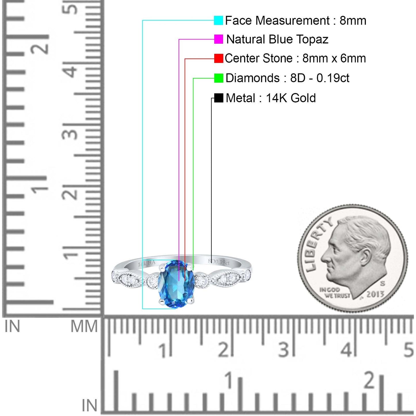 14K White Gold 1.4ct Oval Vintage Style 8mmx6mm G SI Natural Blue Topaz Diamond Engagement Wedding Ring Size 6.5