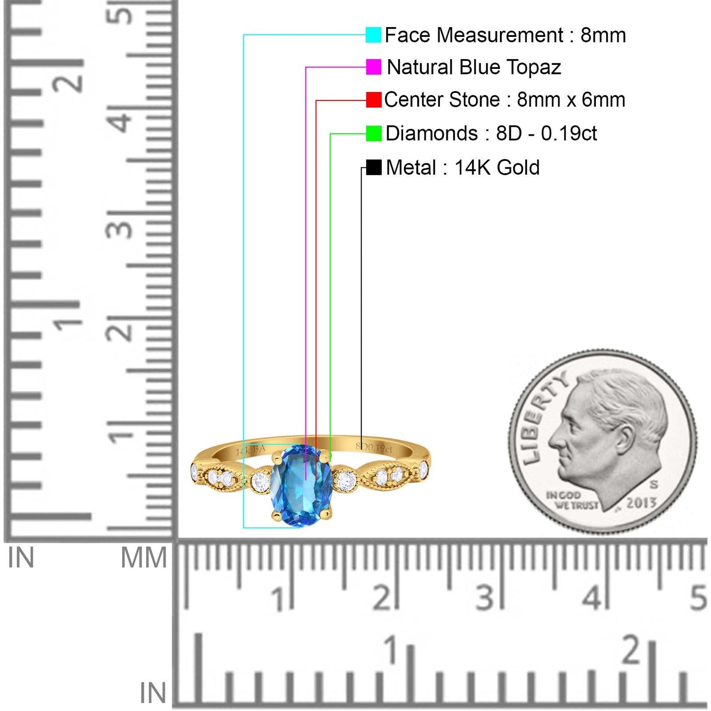 14K Yellow Gold 1.4ct Oval Vintage Style 8mmx6mm G SI Natural Blue Topaz Diamond Engagement Wedding Ring Size 6.5