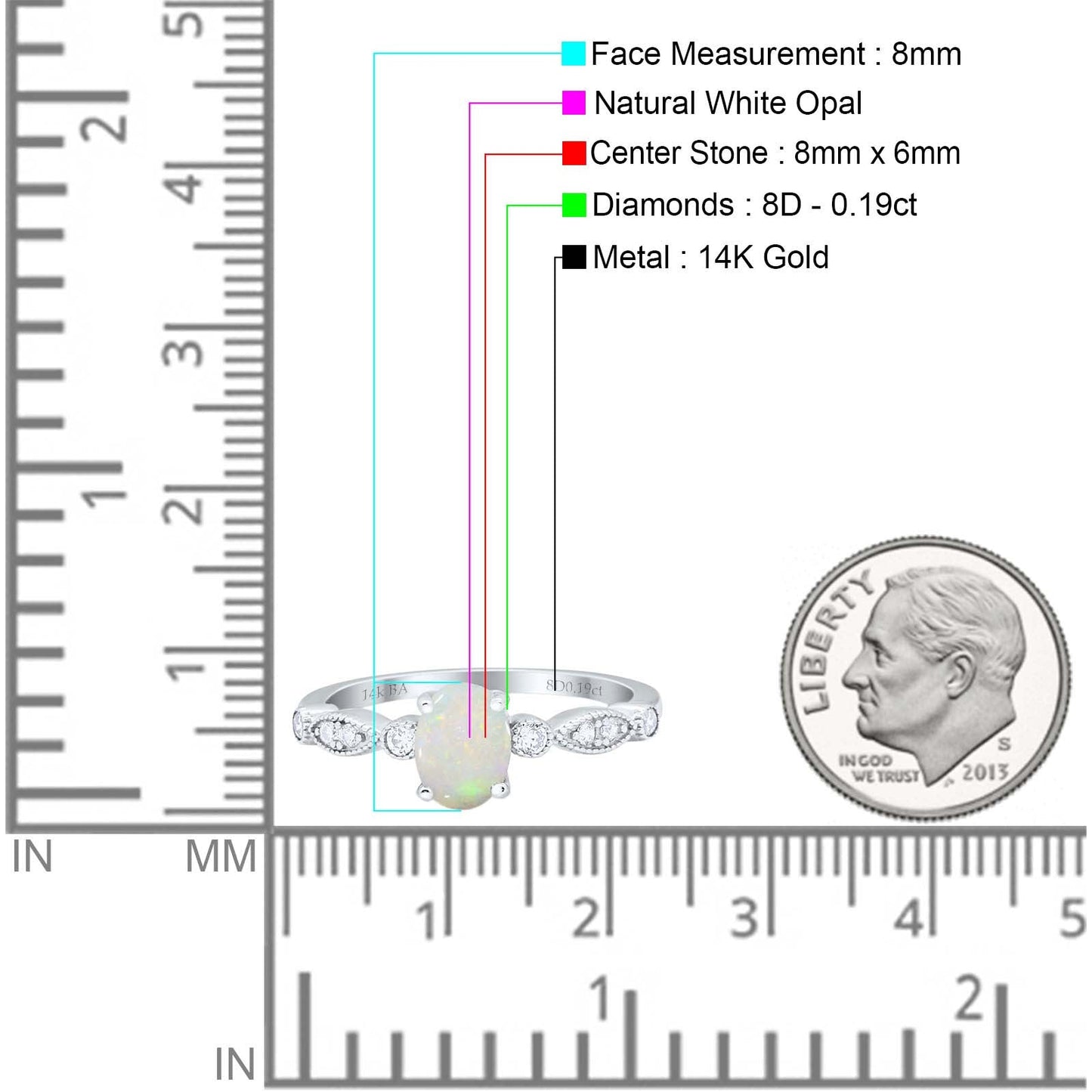 14K White Gold 0.19ct Oval Vintage Style 8mmx6mm G SI Natural White Opal Diamond Engagement Wedding Ring Size 6.5