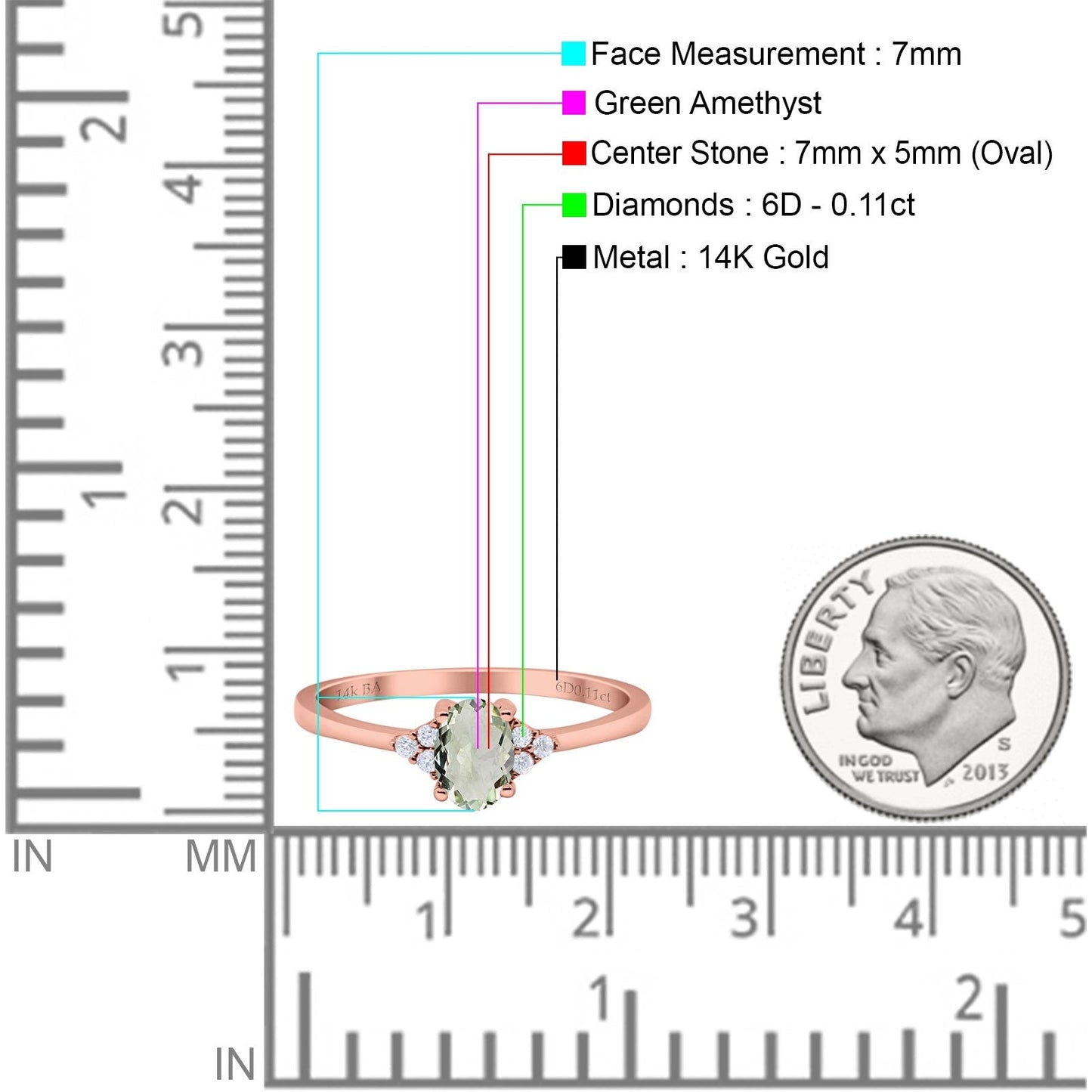 14K Rose Gold 0.87ct Art Deco Oval 7mmx5mm G SI Natural Green Amethyst Diamond Engagement Wedding Ring Size 6.5