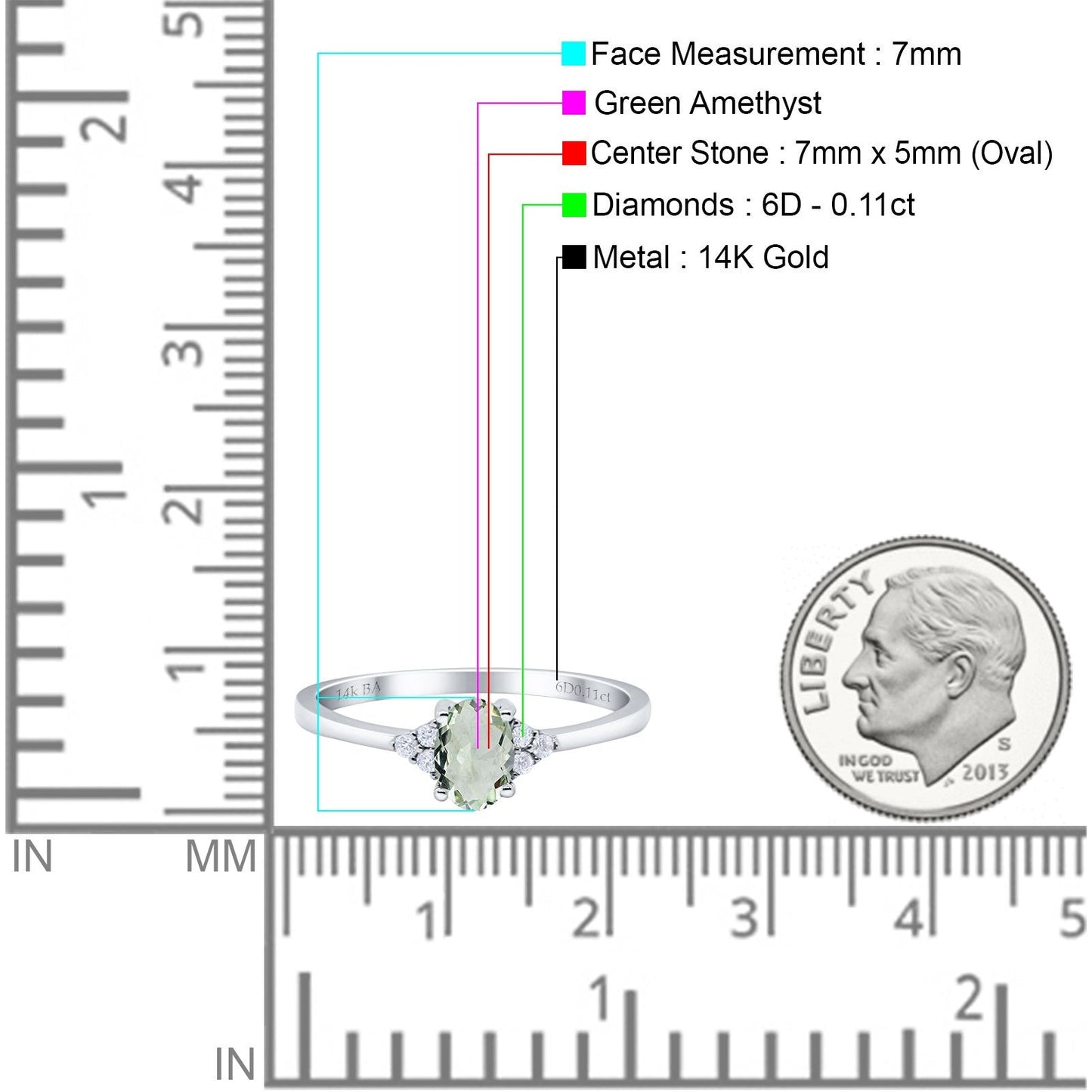 14K White Gold 0.87ct Art Deco Oval 7mmx5mm G SI Natural Green Amethyst Diamond Engagement Wedding Ring Size 6.5