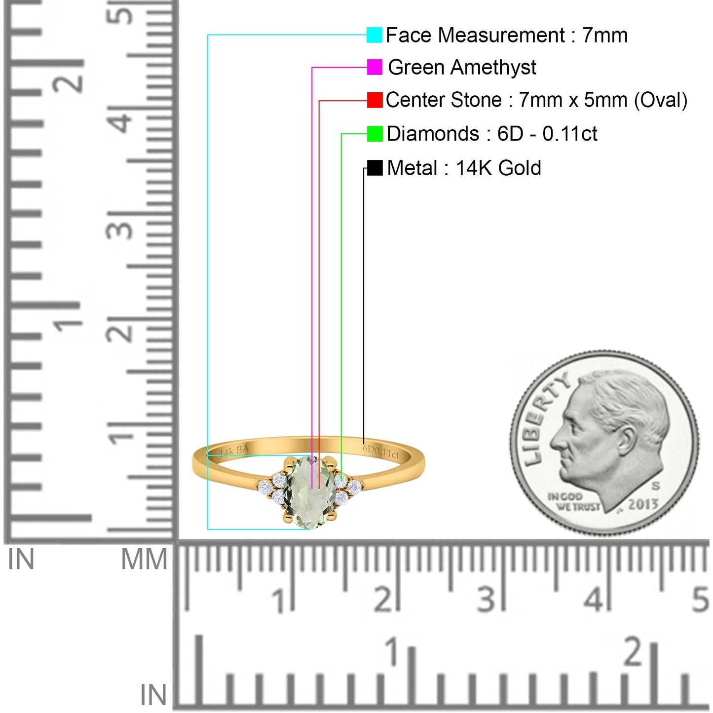 14K Yellow Gold 0.87ct Art Deco Oval 7mmx5mm G SI Natural Green Amethyst Diamond Engagement Wedding Ring Size 6.5