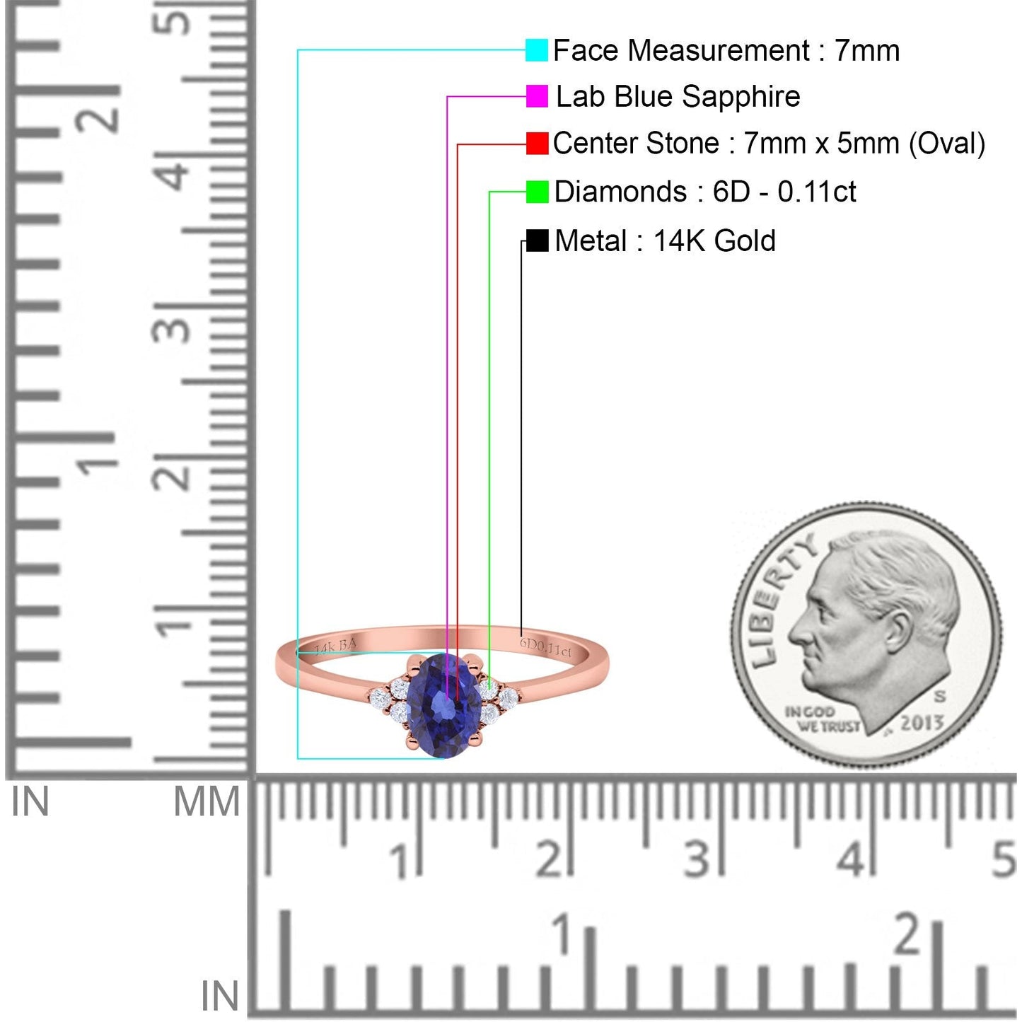 14K Rose Gold 0.87ct Art Deco Oval 7mmx5mm G SI Nano Blue Sapphire Diamond Engagement Wedding Ring Size 6.5