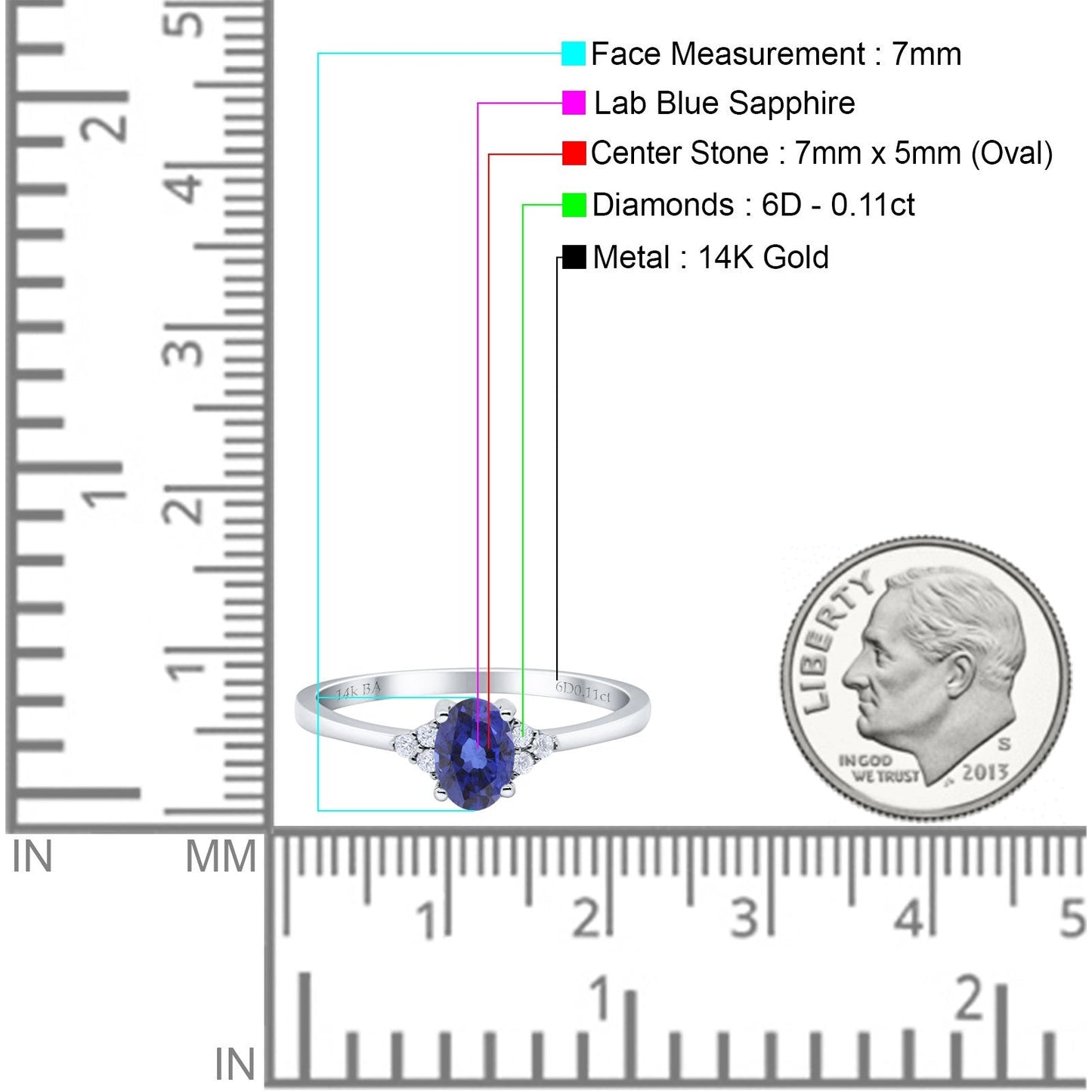 14K White Gold 0.87ct Art Deco Oval 7mmx5mm G SI Nano Blue Sapphire Diamond Engagement Wedding Ring Size 6.5