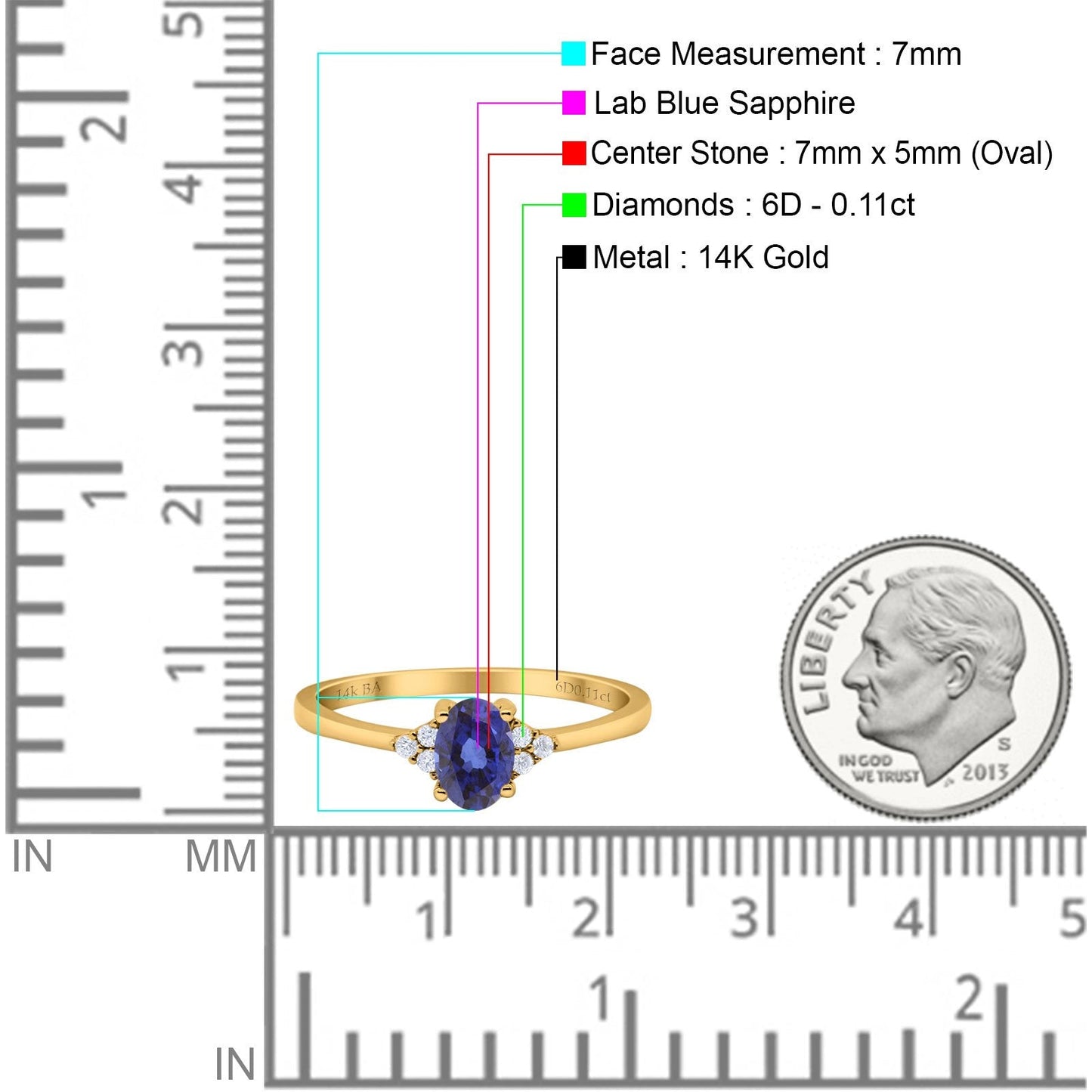 14K Yellow Gold 0.87ct Art Deco Oval 7mmx5mm G SI Nano Blue Sapphire Diamond Engagement Wedding Ring Size 6.5